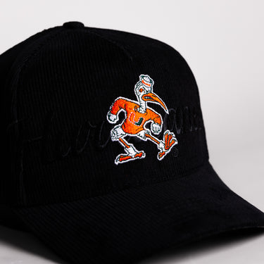 Miami Hurricanes Sebastian Hat Blackout Corduroy Canes Patch Snapback - Front Detail