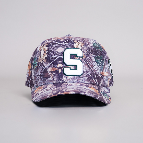 Michigan State Spartans Camo Snapback Hat Block S & Woodland Print - Front Panel