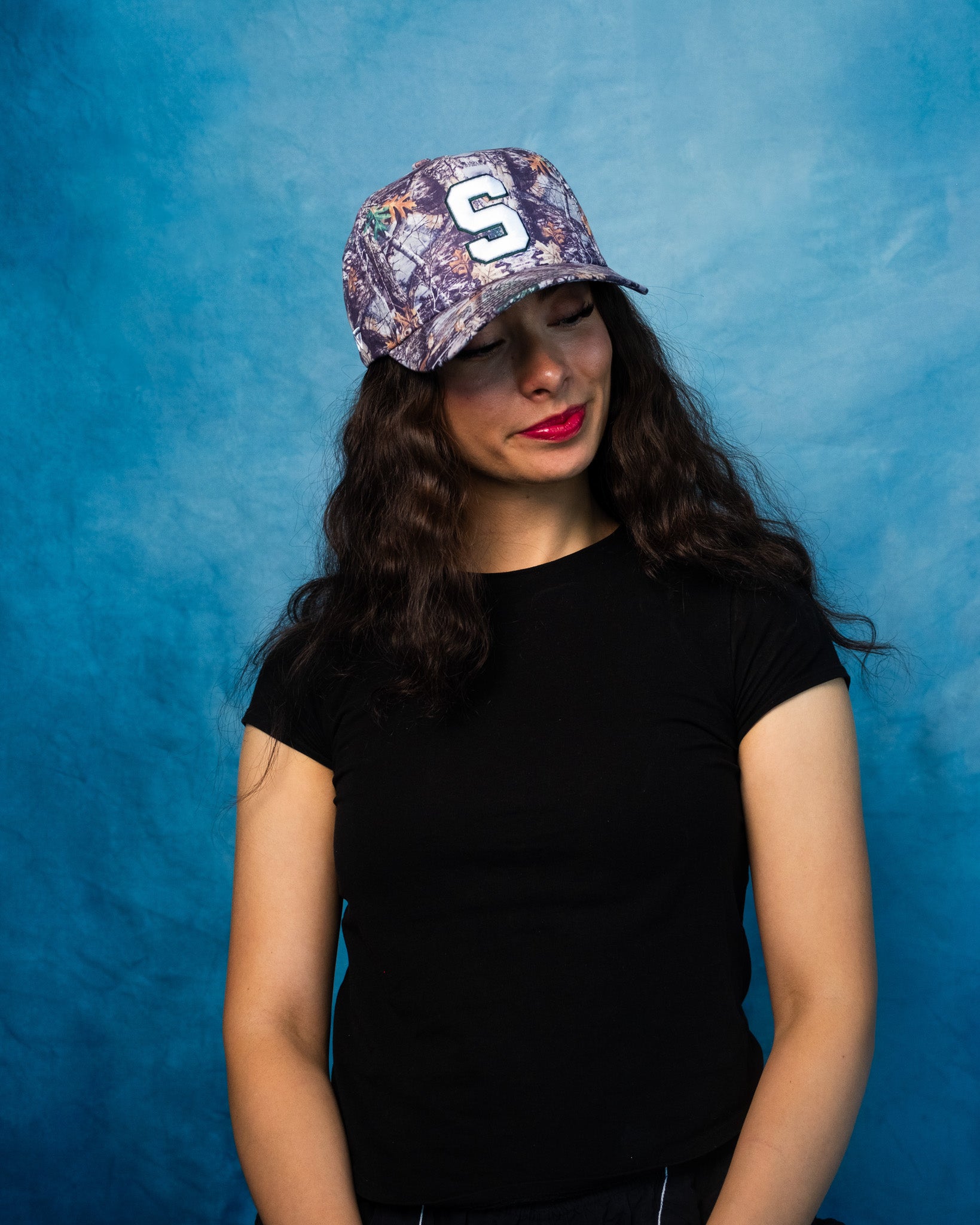 Michigan State Spartans Camo Snapback Hat Block S & Woodland Print - On Model Portrait Lifestyle