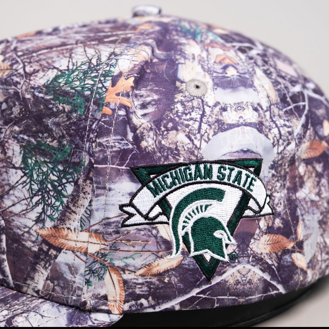 Michigan State Spartans Camo Snapback Hat Block S & Woodland Print - Side Patch
