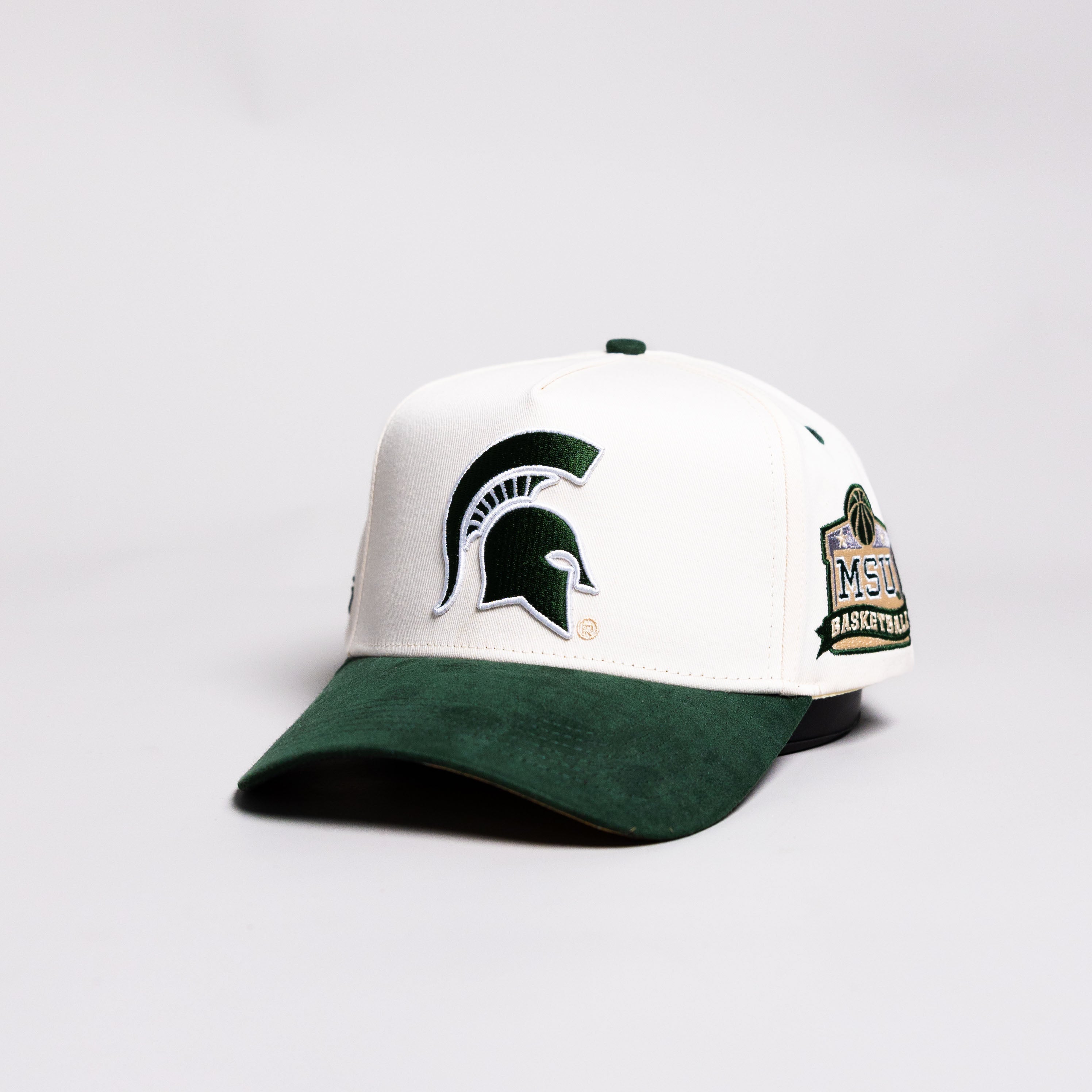Michigan State Spartans Courtside Hat White Green Suede Brim Trophy Snapback - Angled View
