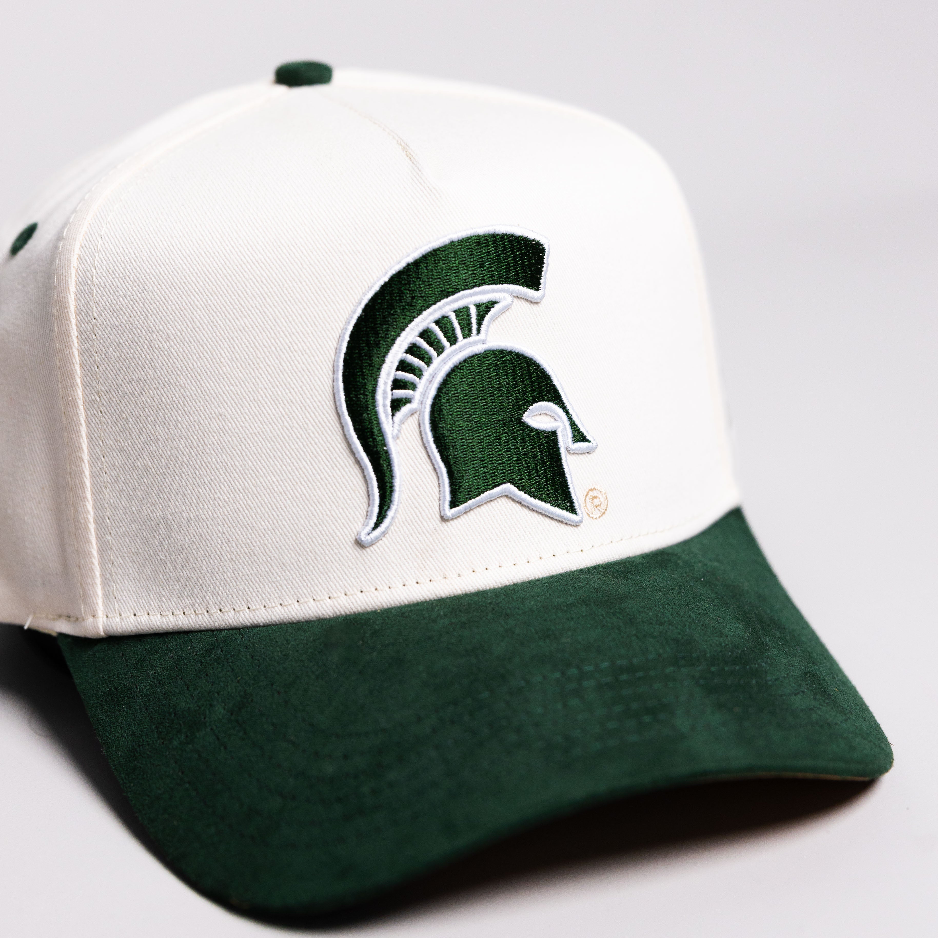 Michigan State Spartans Courtside Hat White Green Suede Brim Trophy Snapback - Front Detail