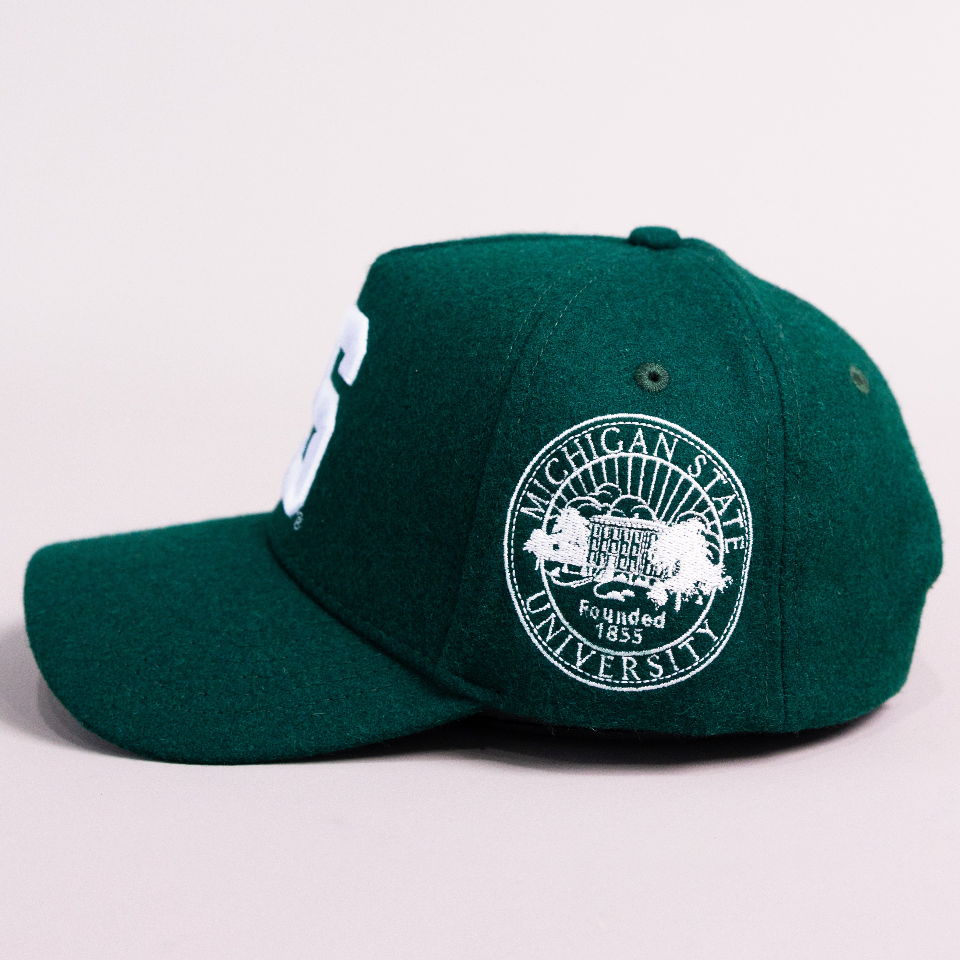 Michigan State Spartans Green Wool Snapback Hat with Block S Logo and University Seal Patch - Side Seal Patch