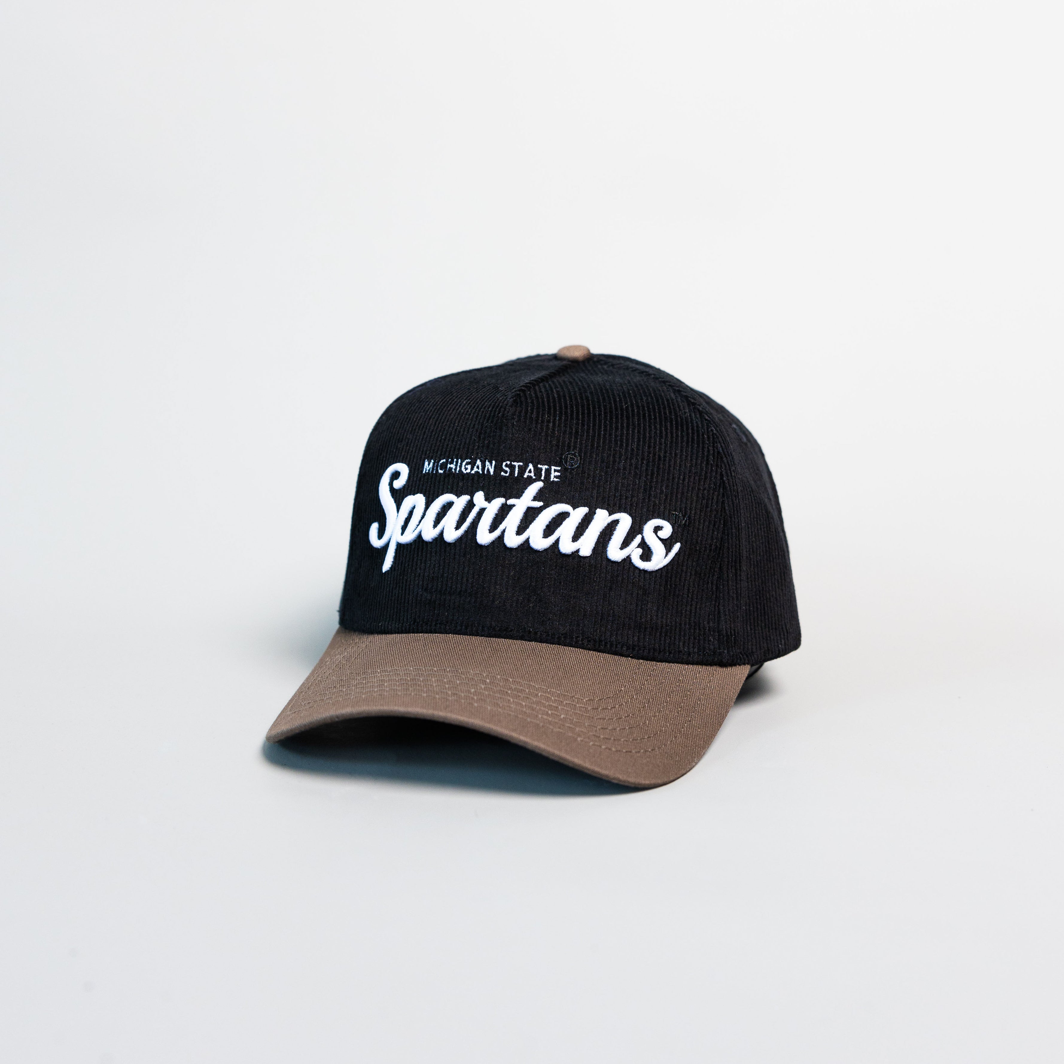 Michigan State Spartans Hat Black Corduroy Brown Brim Snapback - Angled View