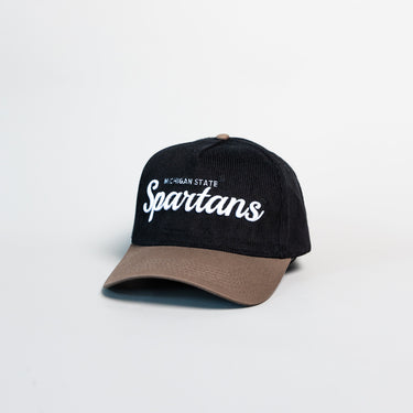 Michigan State Spartans Hat Black Corduroy Brown Brim Snapback - Angled View