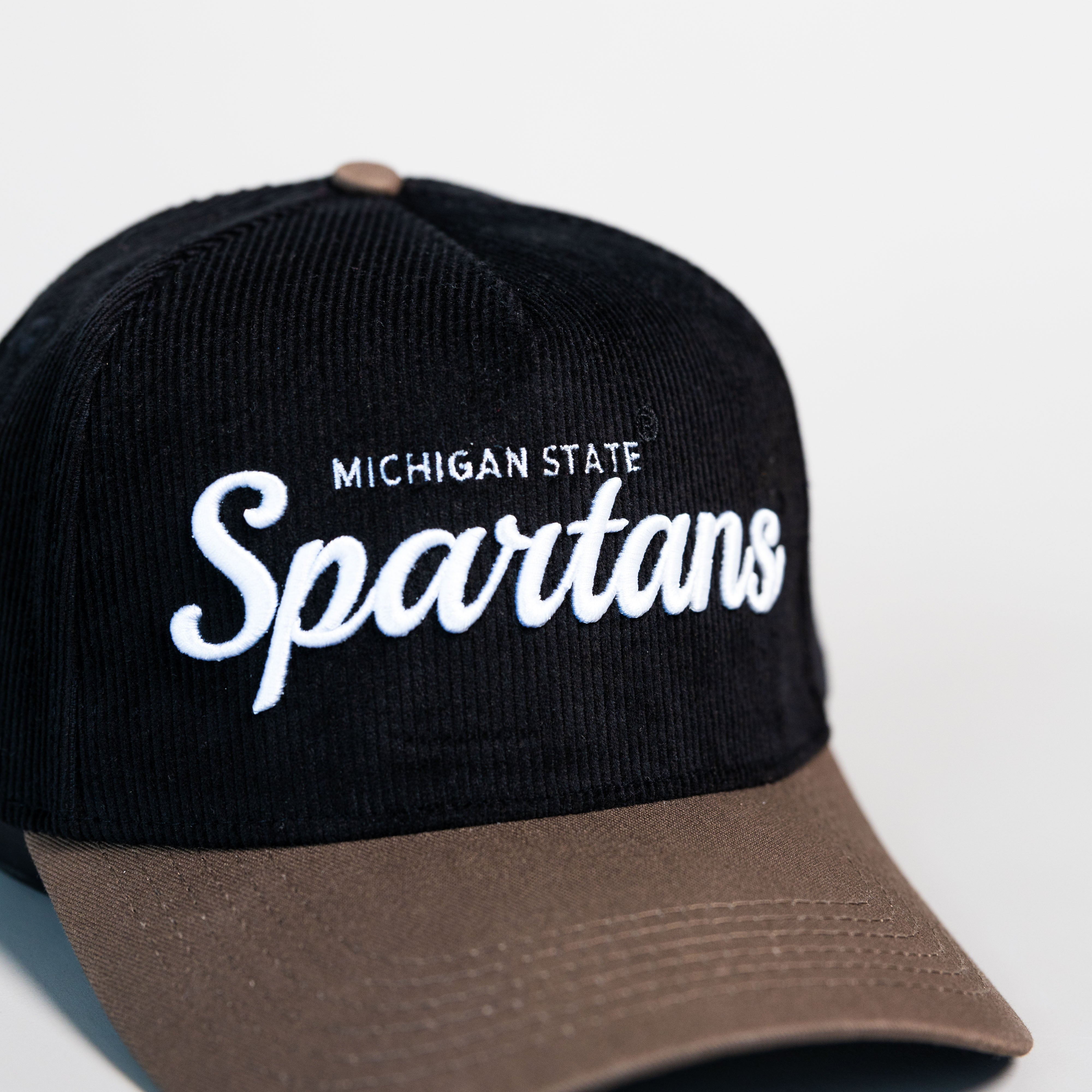 Michigan State Spartans Hat Black Corduroy Brown Brim Snapback - Front Detail