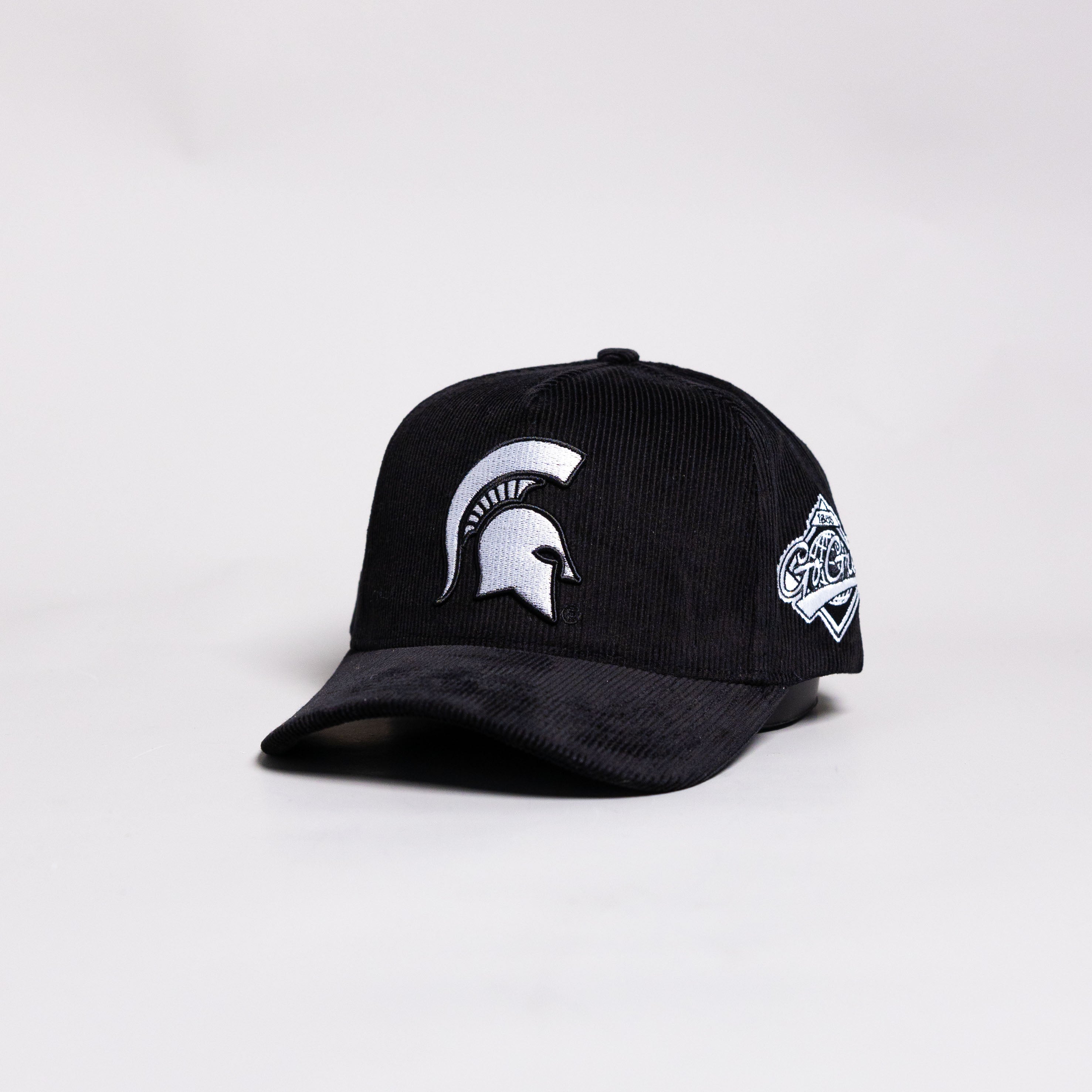 Michigan State Spartans Hat Black Corduroy White Logo Side Patch Snapback - Angled View