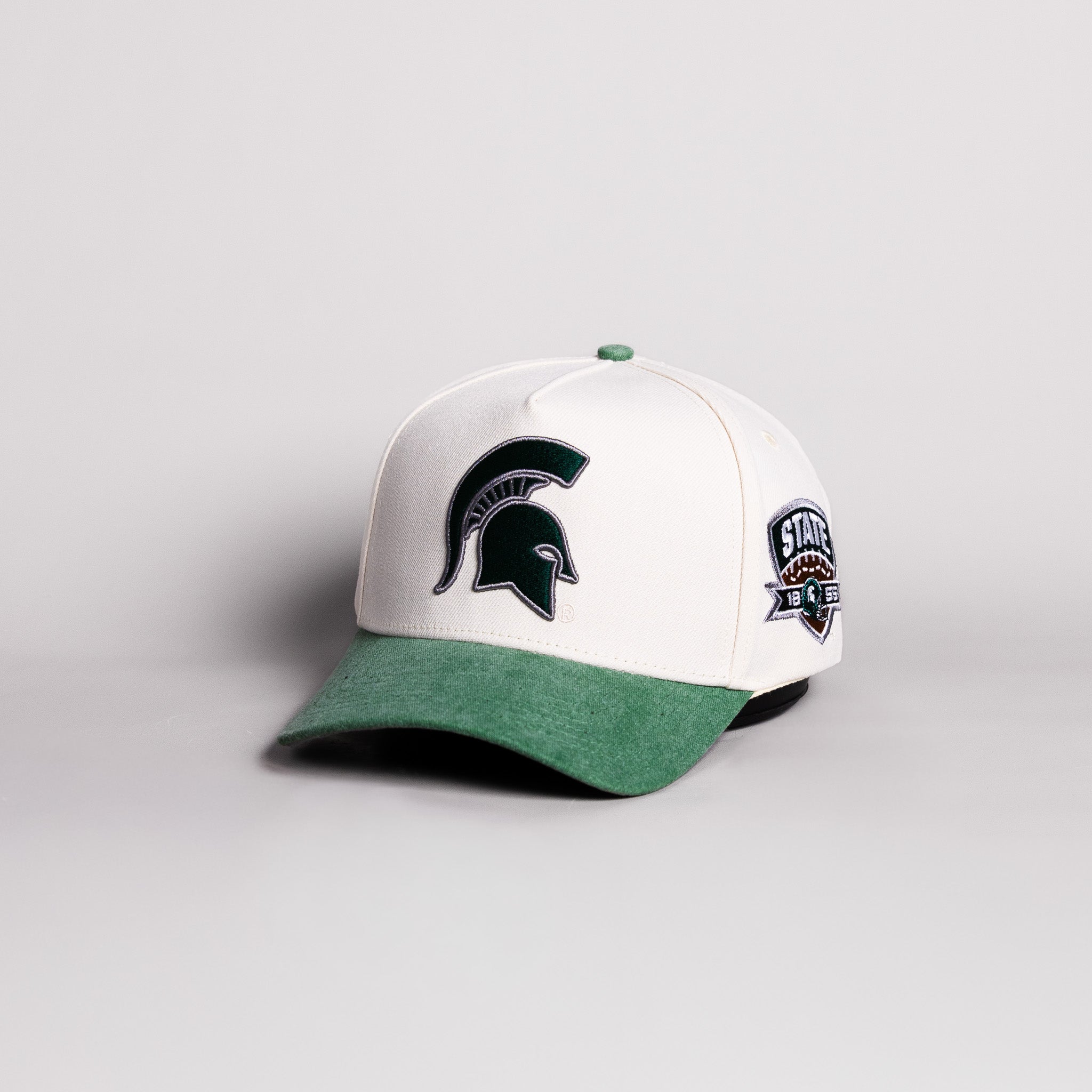 Michigan State Spartans Hat Cream Cotton Green Suede Brim State Shield Patch Snapback - Angled View