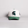 Michigan State Spartans Hat Cream Cotton Green Suede Brim State Shield Patch Snapback - Front Panel