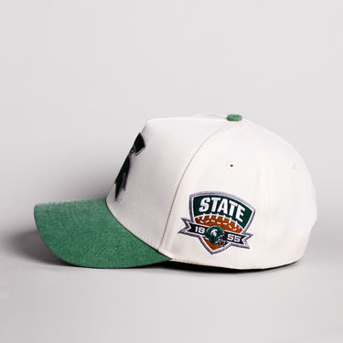 Michigan State Spartans Hat Cream Cotton Green Suede Brim State Shield Patch Snapback - Side Patch