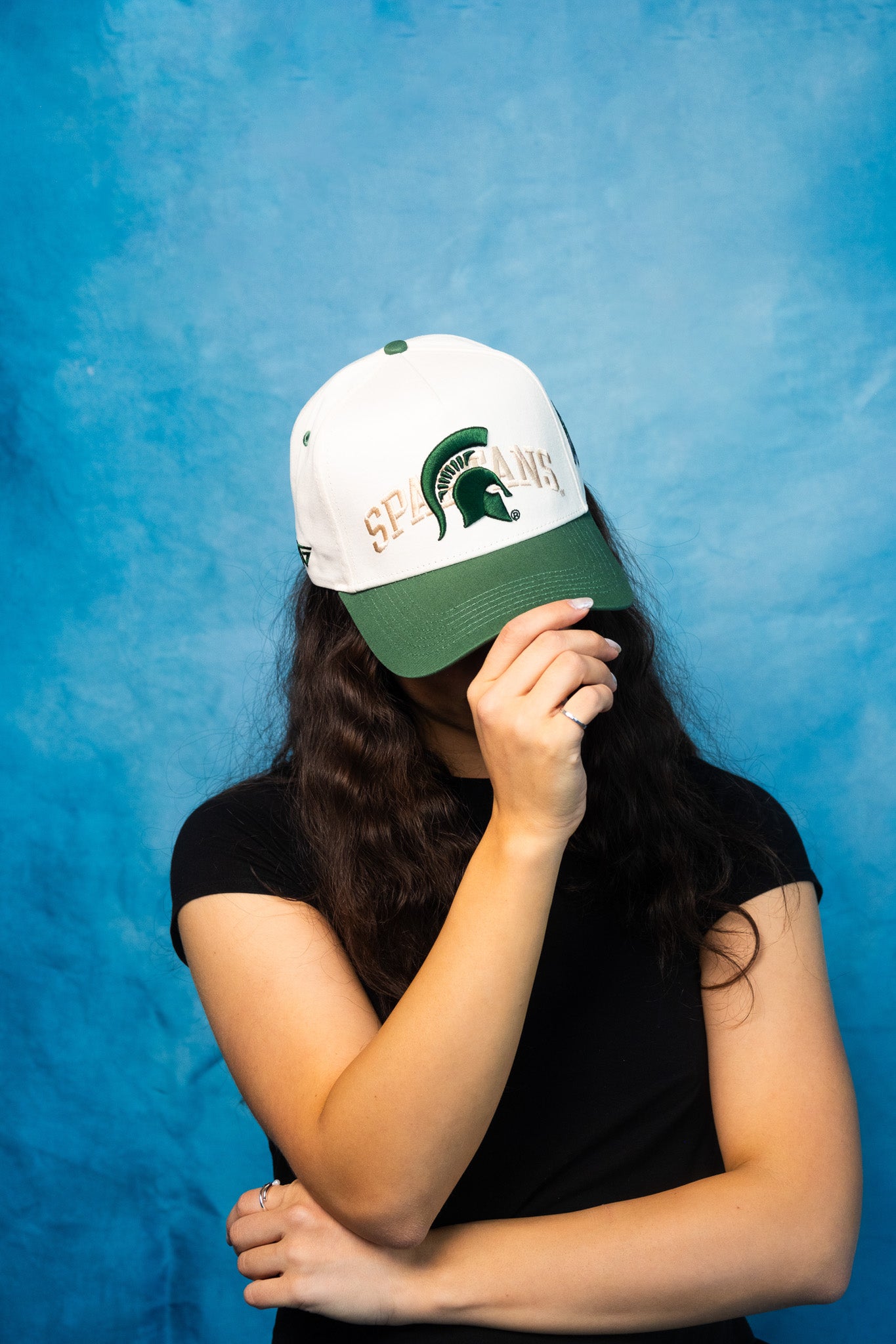 Michigan State Spartans Hat Cream & Green Snapback - On Model Held Lifestyle