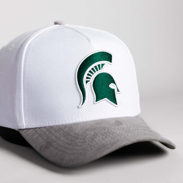 Michigan State Spartans Hat White and Grey Suede Side Stadium Patch - Angled View