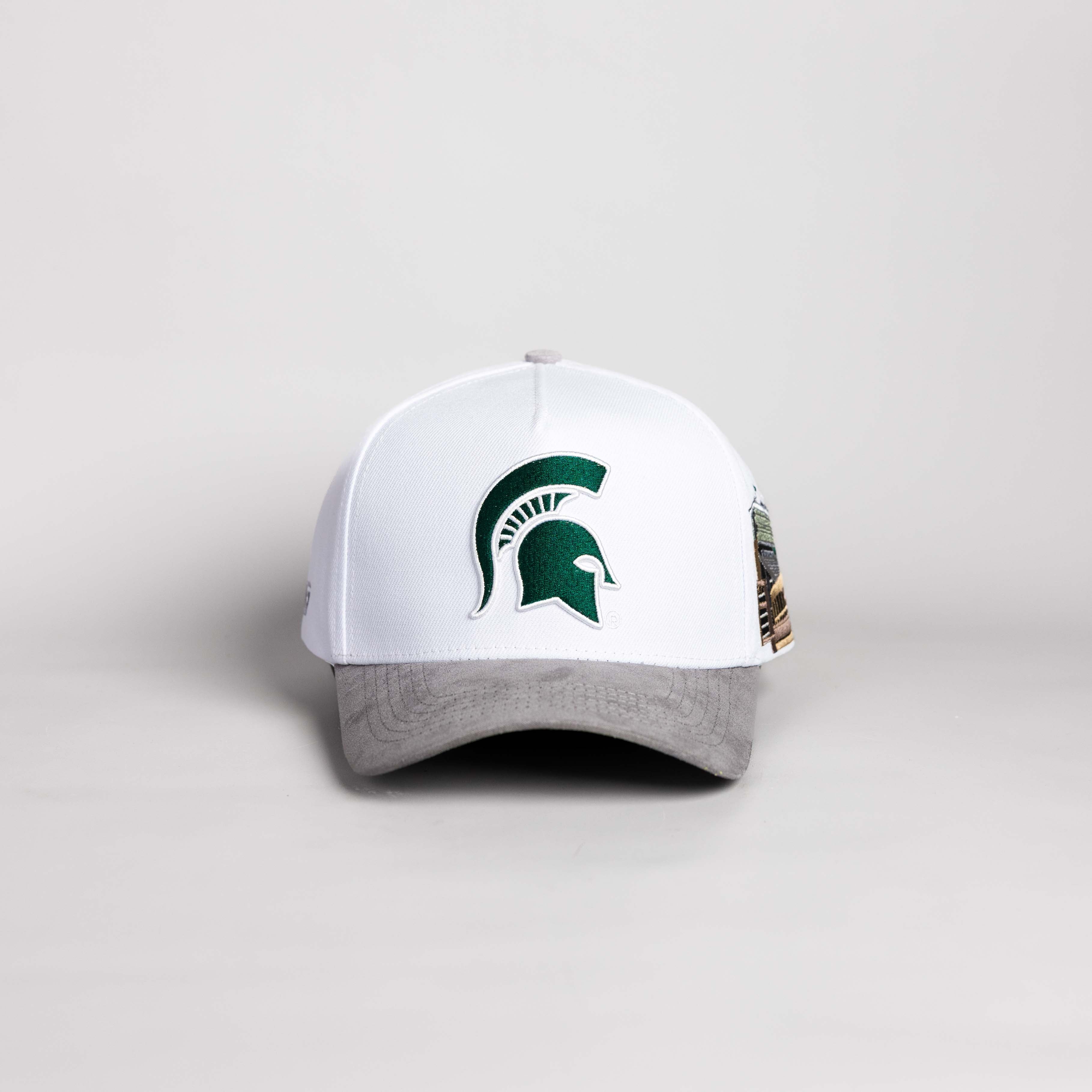 Michigan State Spartans Hat White and Grey Suede Side Stadium Patch - Front Panel