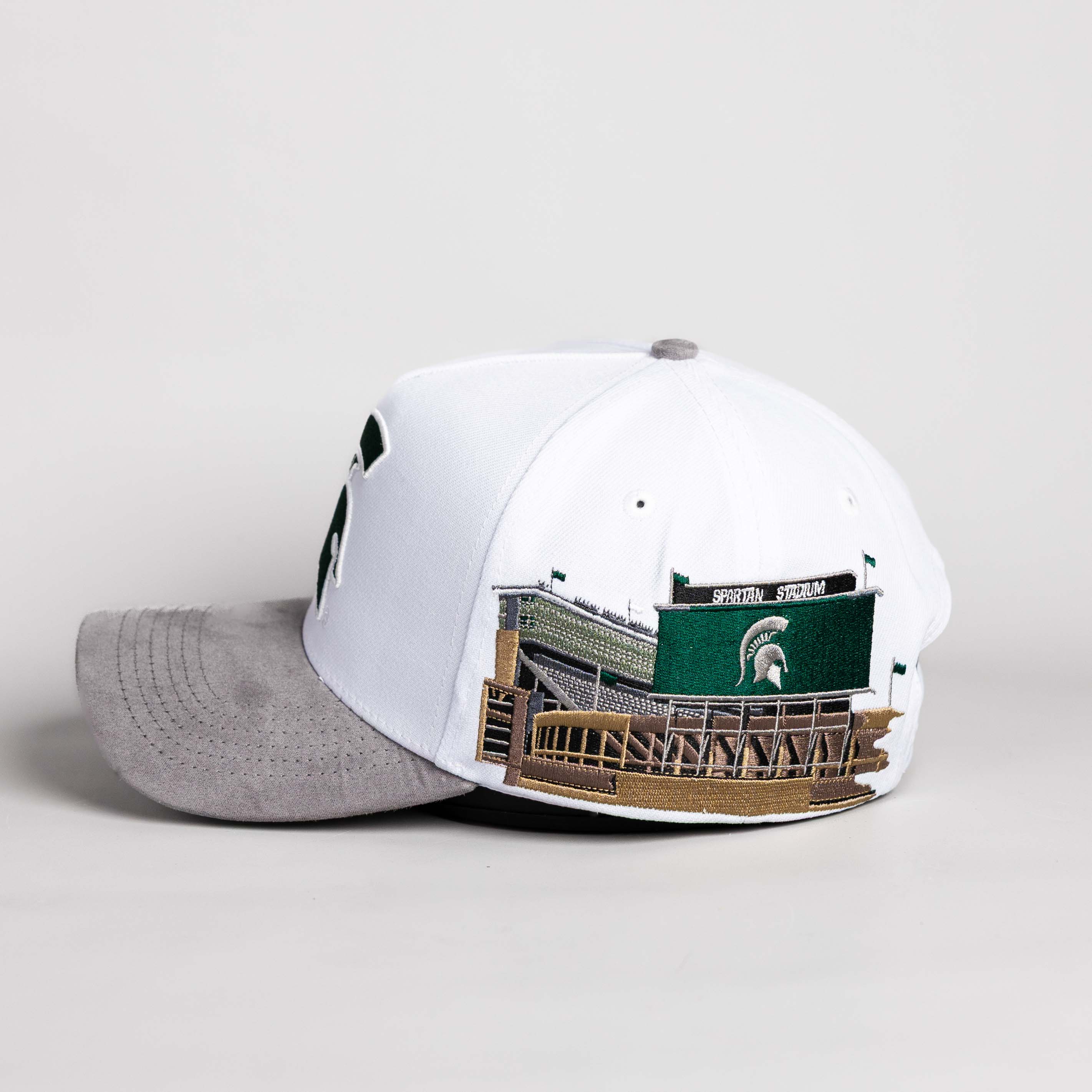 Michigan State Spartans Hat White and Grey Suede Side Stadium Patch - Side Stadium
