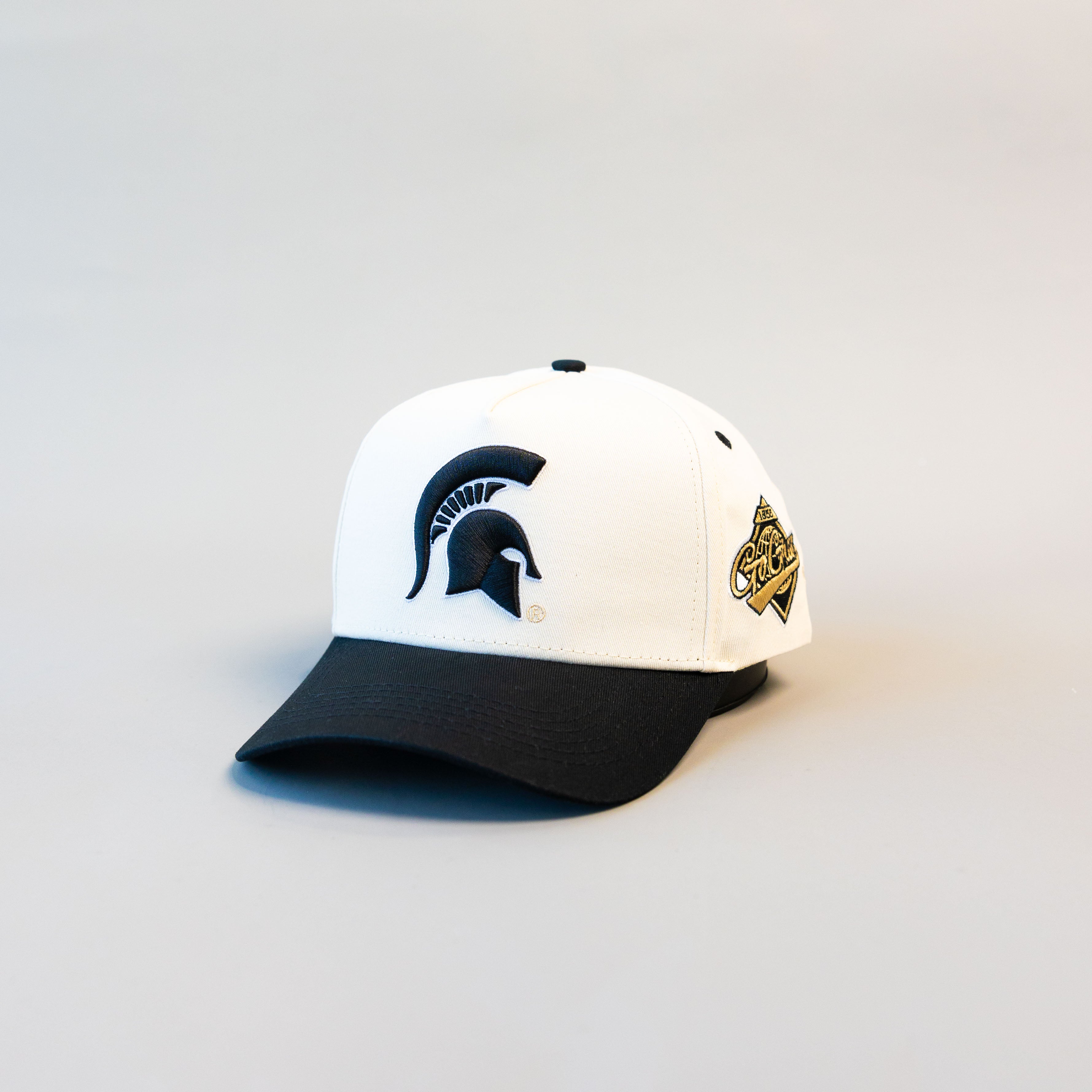 Michigan State Spartans Hat White Black Brim Helmet Logo Snapback MSU - Angled View