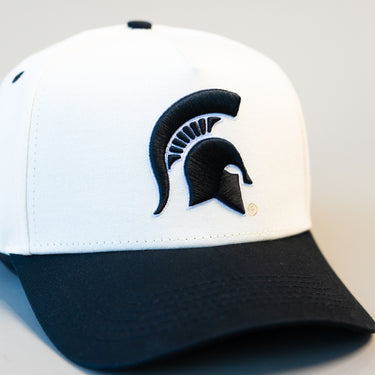Michigan State Spartans Hat White Black Brim Helmet Logo Snapback MSU - Front Detail