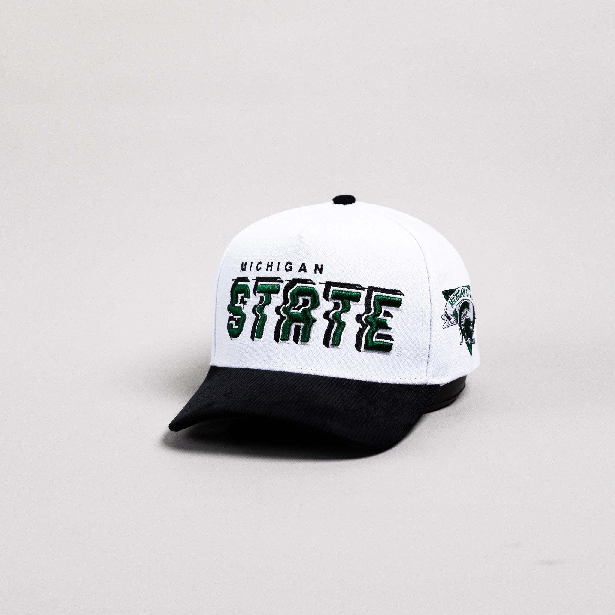 Michigan State Spartans Hat White & Black Corduroy Stadium Pulse Snapback - Angled View