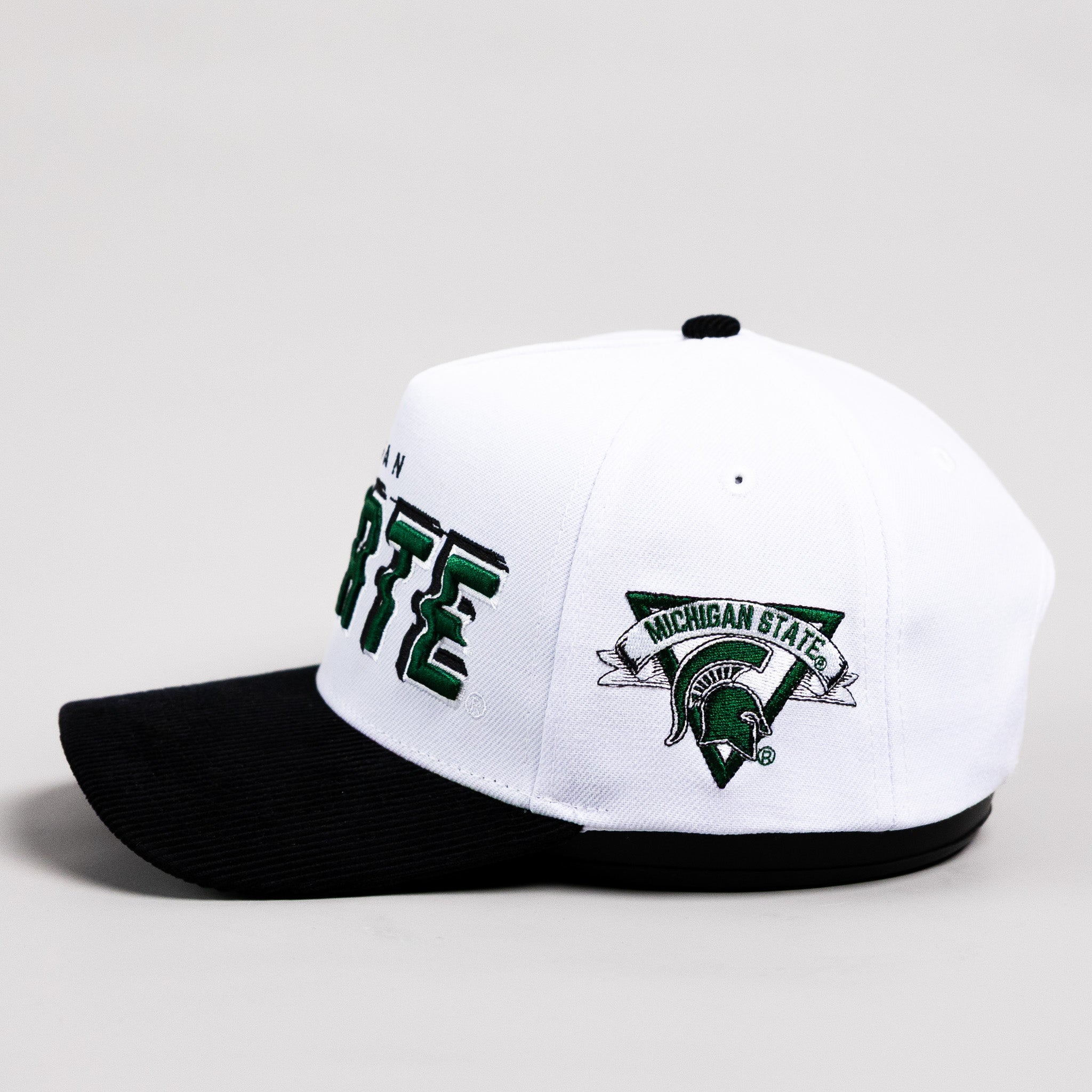 Michigan State Spartans Hat White & Black Corduroy Stadium Pulse Snapback - Side Spartan Patch