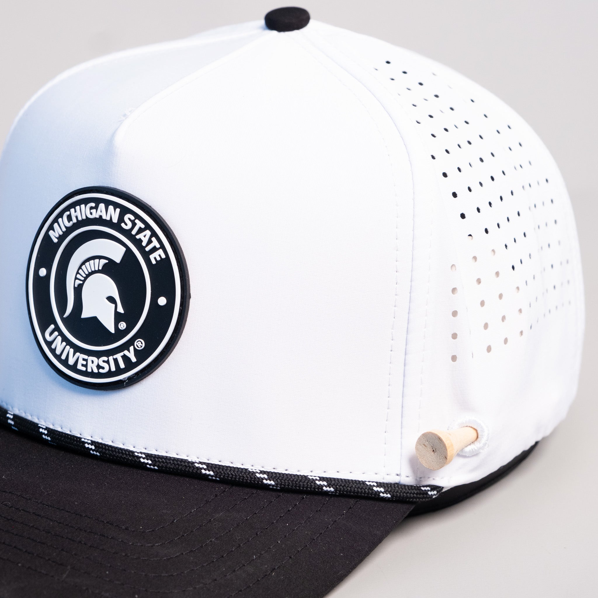 Michigan State Spartans Hat White & Black Tee Box Performance Rope Snapback - Front Detail Angled