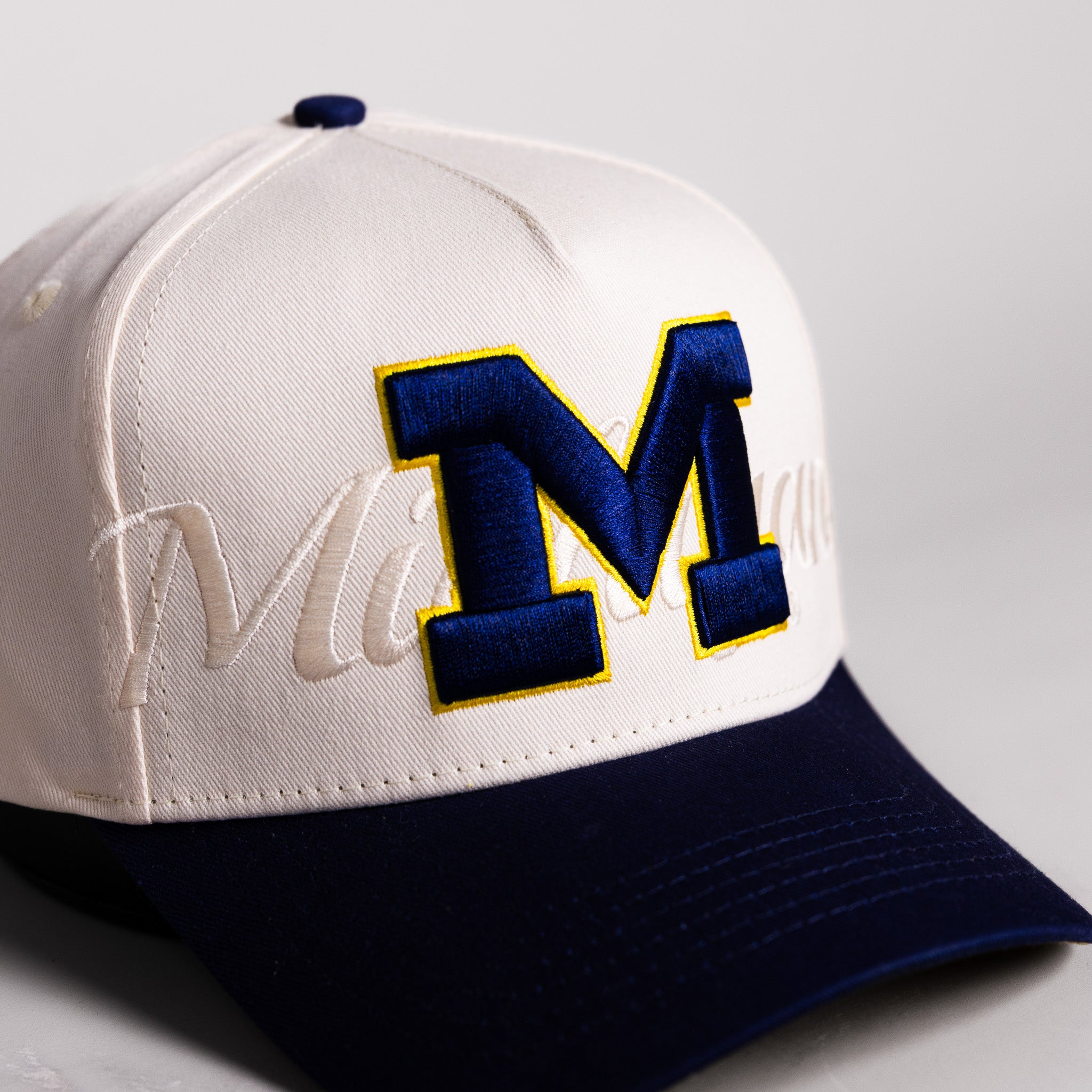 Michigan Wolverines Block M Hat Cream Cotton Navy Brim Go Blue Patch Snapback - Front Detail