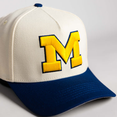 Michigan Wolverines Hat Cream and Navy Suede Stadium Patch Snapback - Front Detail