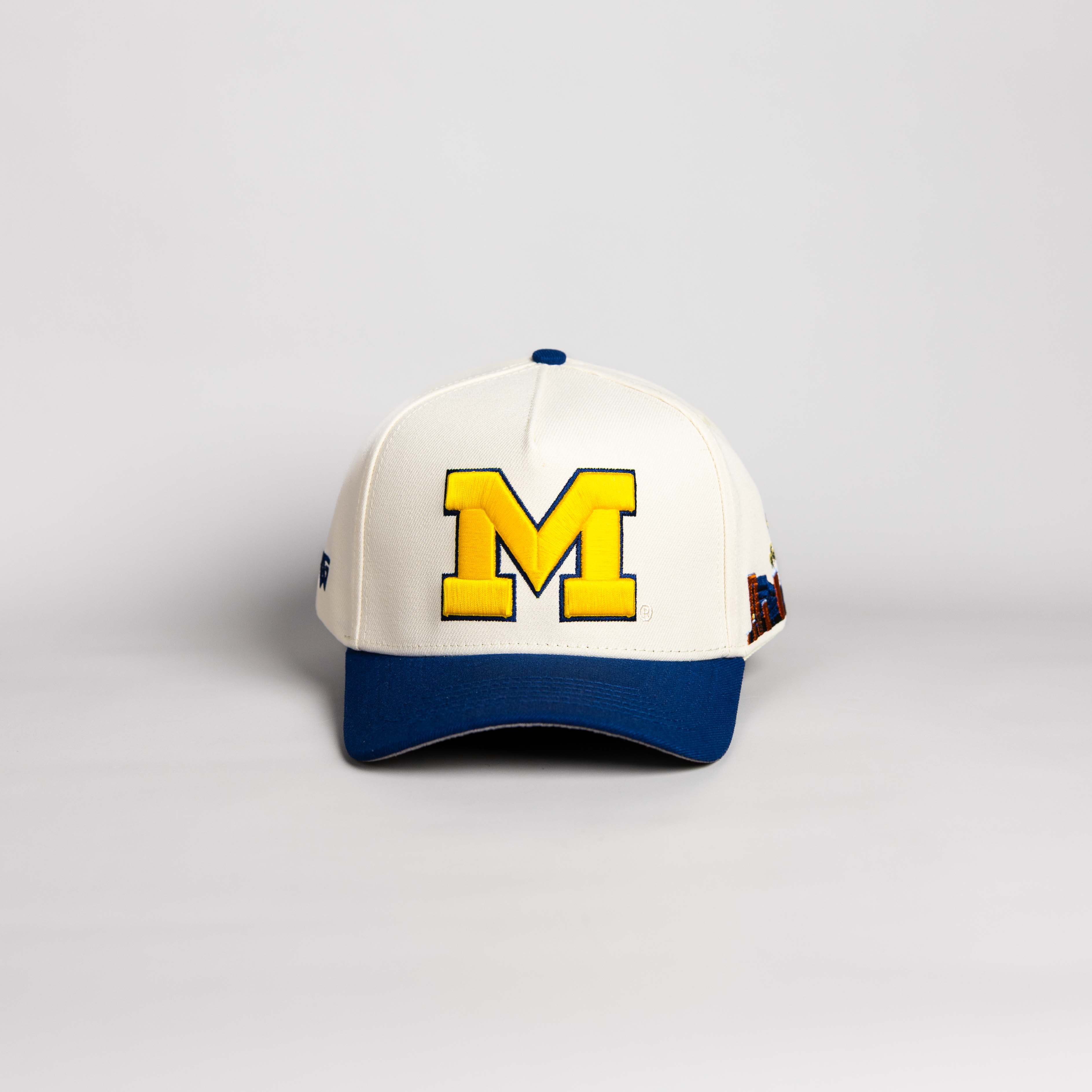 Michigan Wolverines Hat Cream and Navy Suede Stadium Patch Snapback - Front Panel