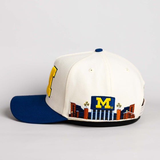 Michigan Wolverines Hat Cream and Navy Suede Stadium Patch Snapback - Side Stadium