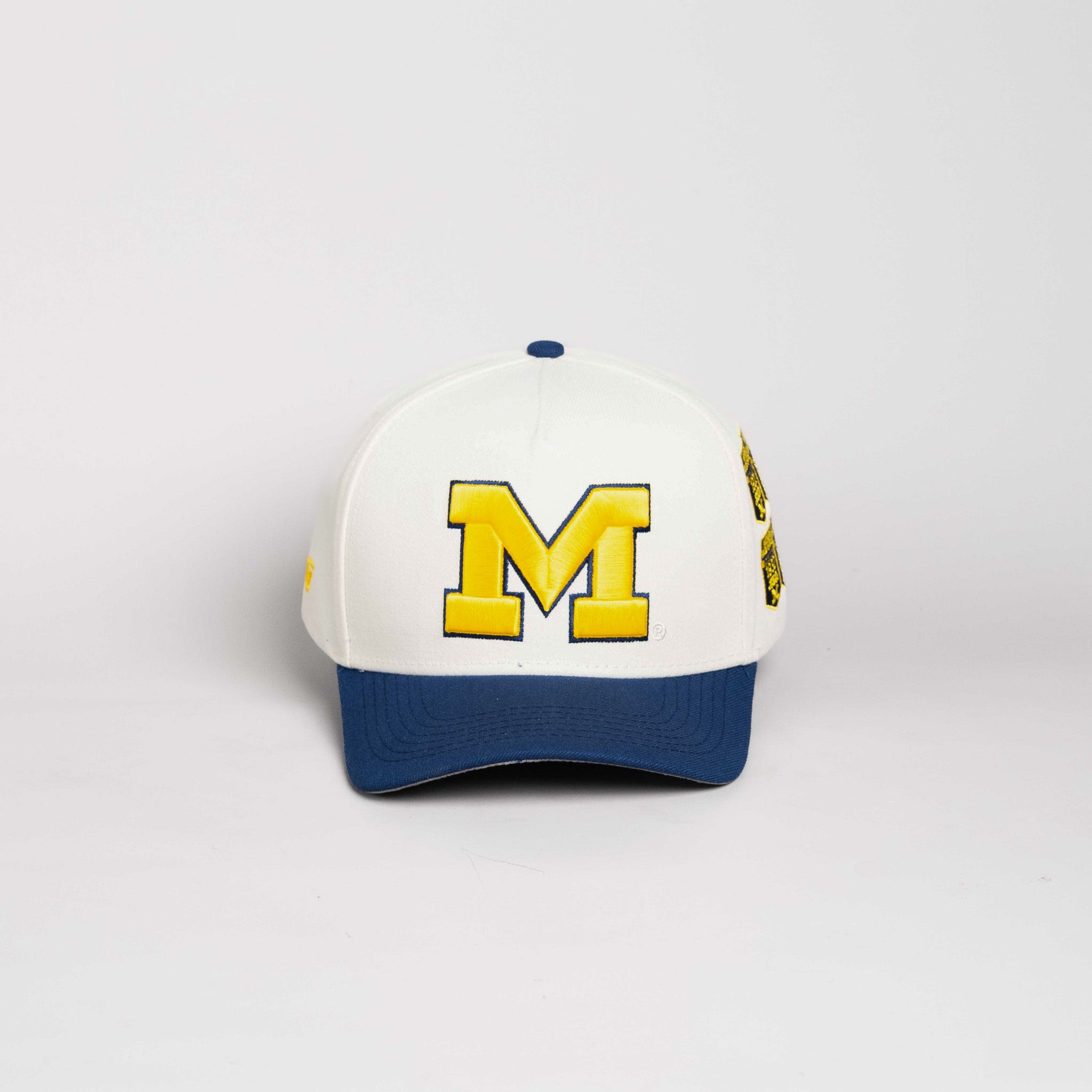Michigan Wolverines Hat Cream & Navy Banners Snapback - Front Panel