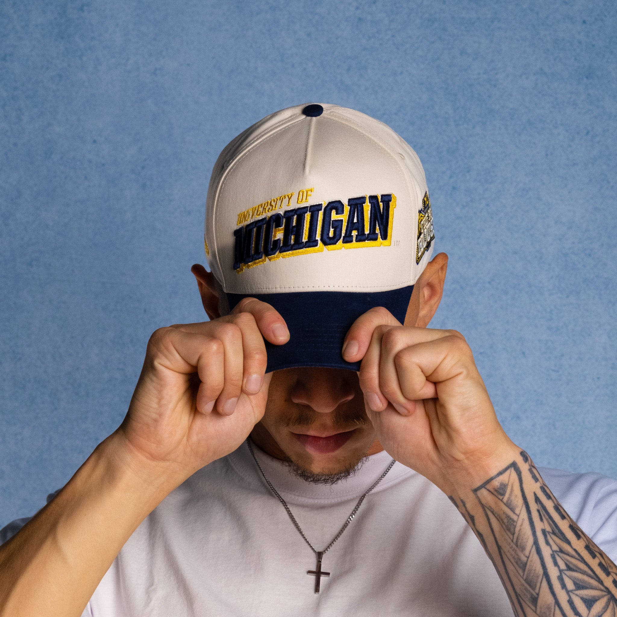 Michigan Wolverines Hat Cream & Navy Blue Tilt Snapback - On Model Lifestyle