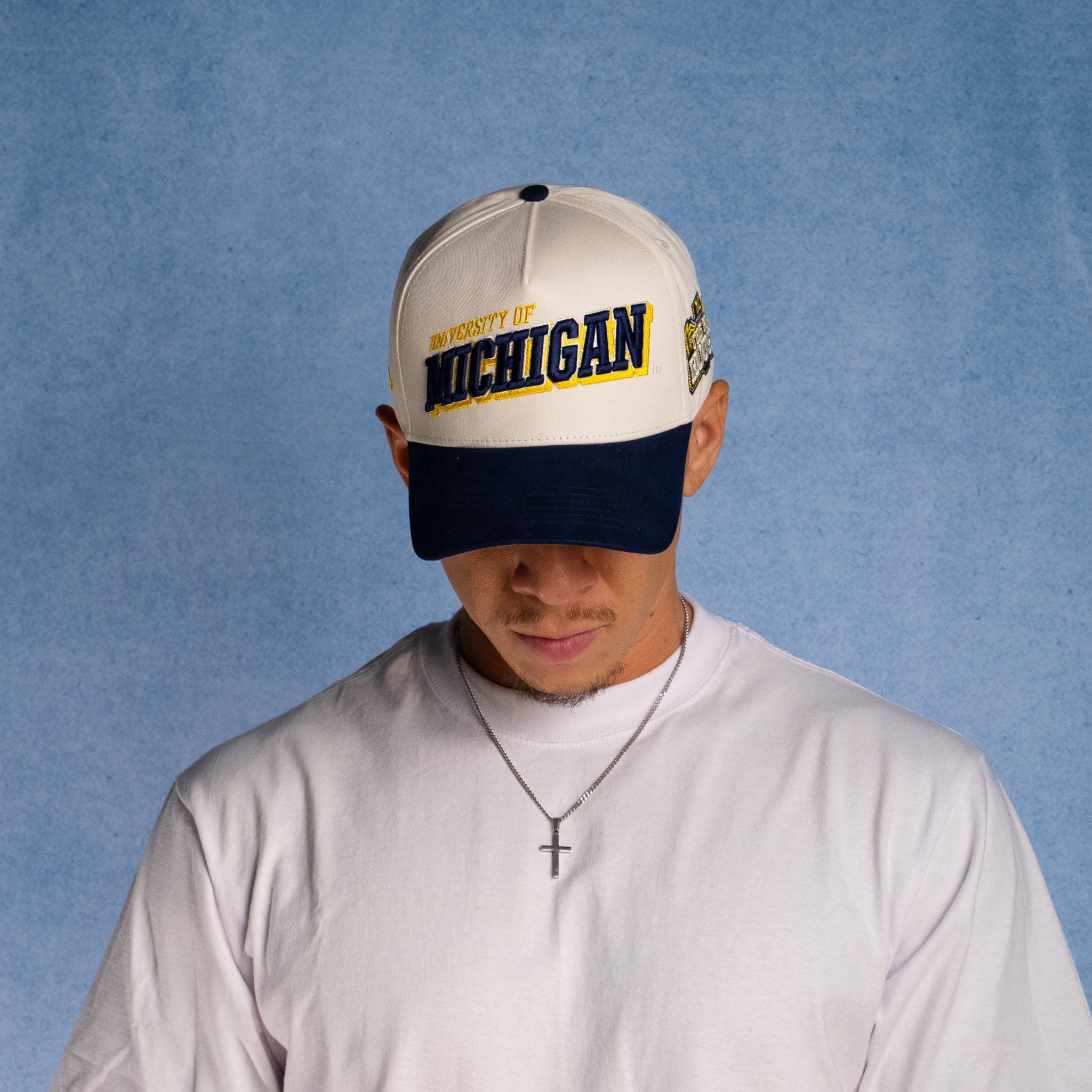 Michigan Wolverines Hat Cream & Navy Blue Tilt Snapback - On Model Lifestyle
