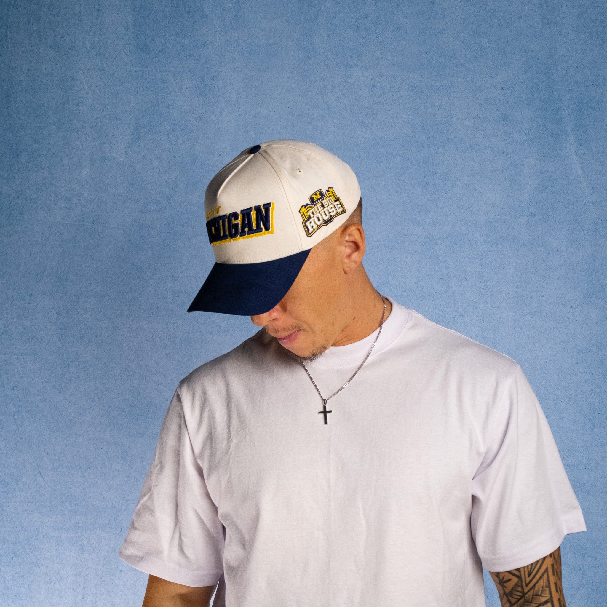 Michigan Wolverines Hat Cream & Navy Blue Tilt Snapback - On Model Lifestyle