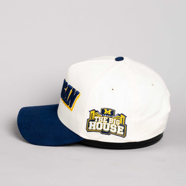 Michigan Wolverines Hat Cream & Navy Blue Tilt Snapback - Side Patch