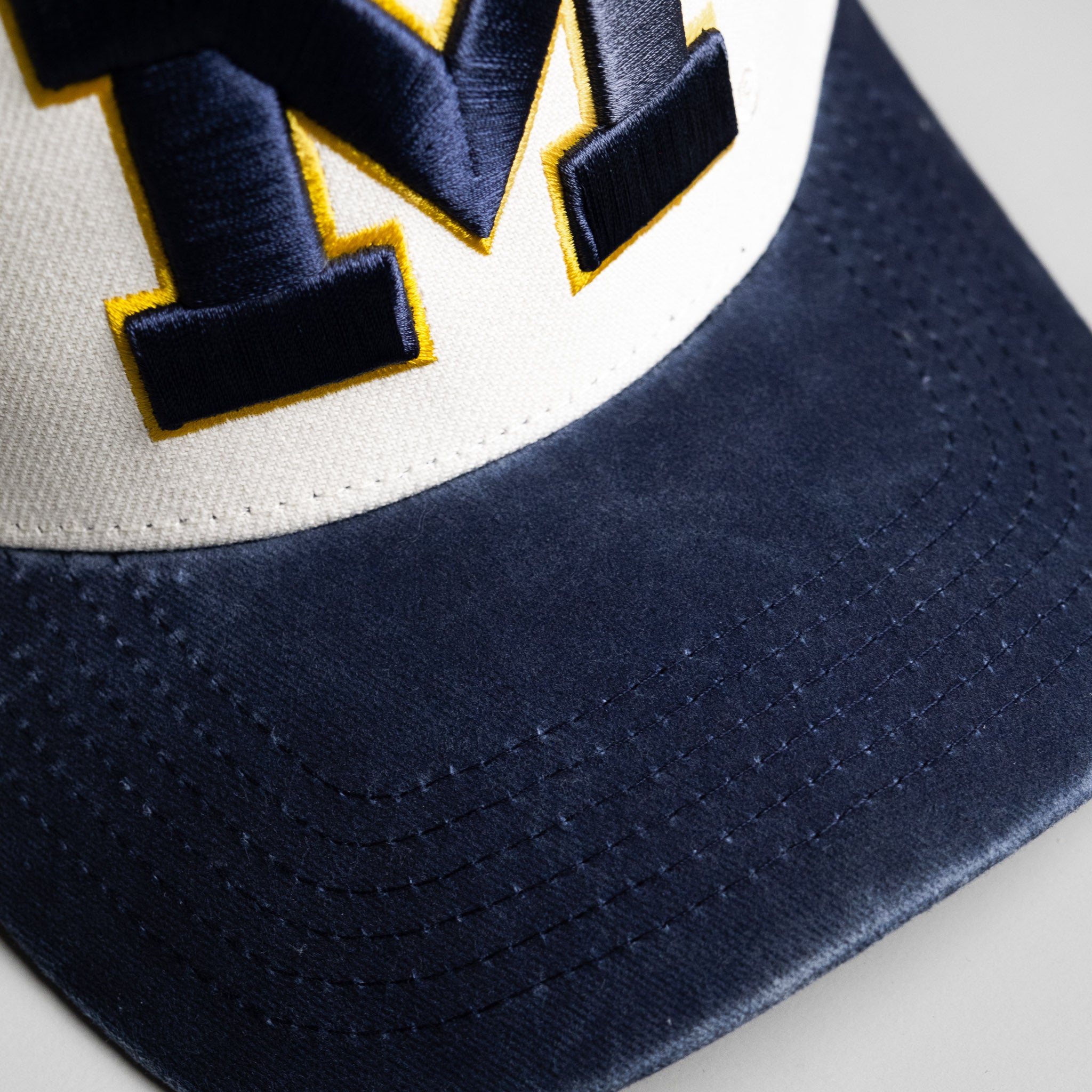 Michigan Wolverines Hat Cream & Navy Sun Fade Snapback - Front Detail