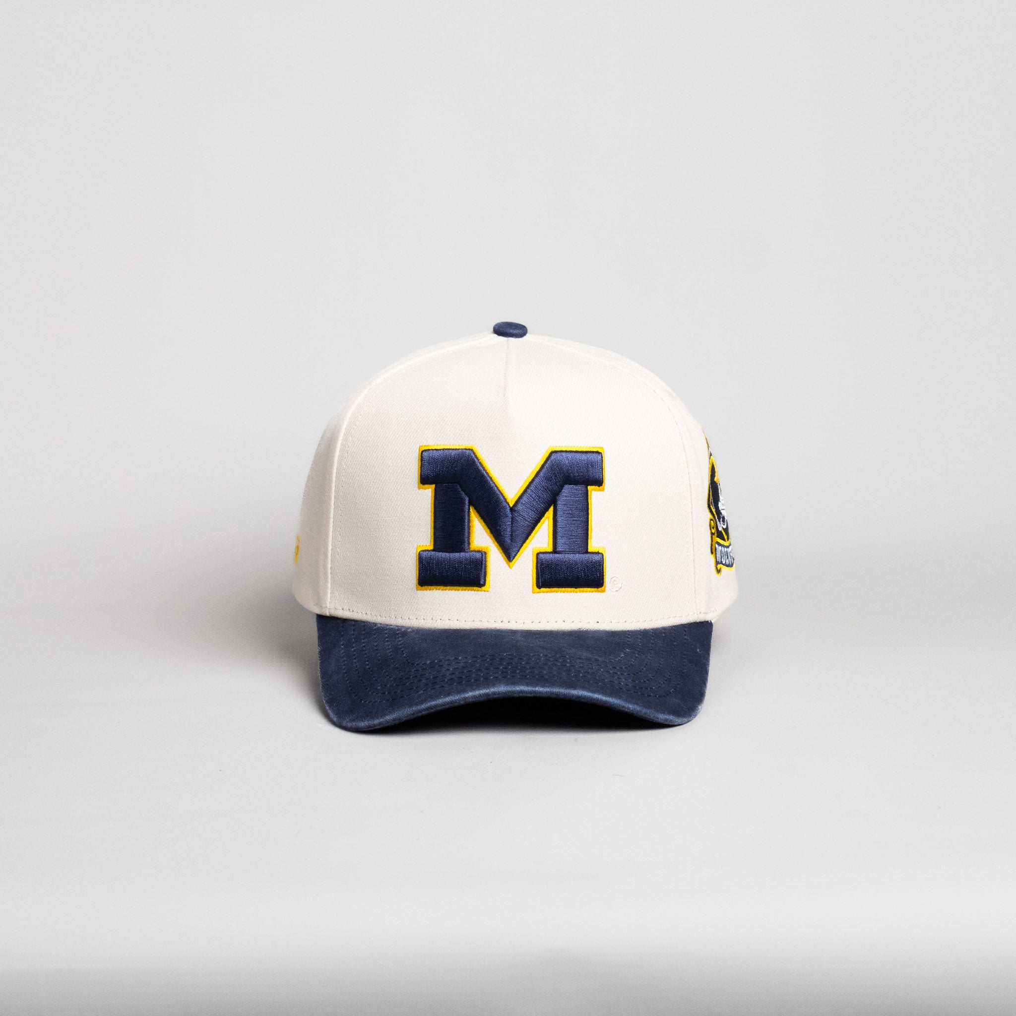 Michigan Wolverines Hat Cream & Navy Sun Fade Snapback - Front Panel