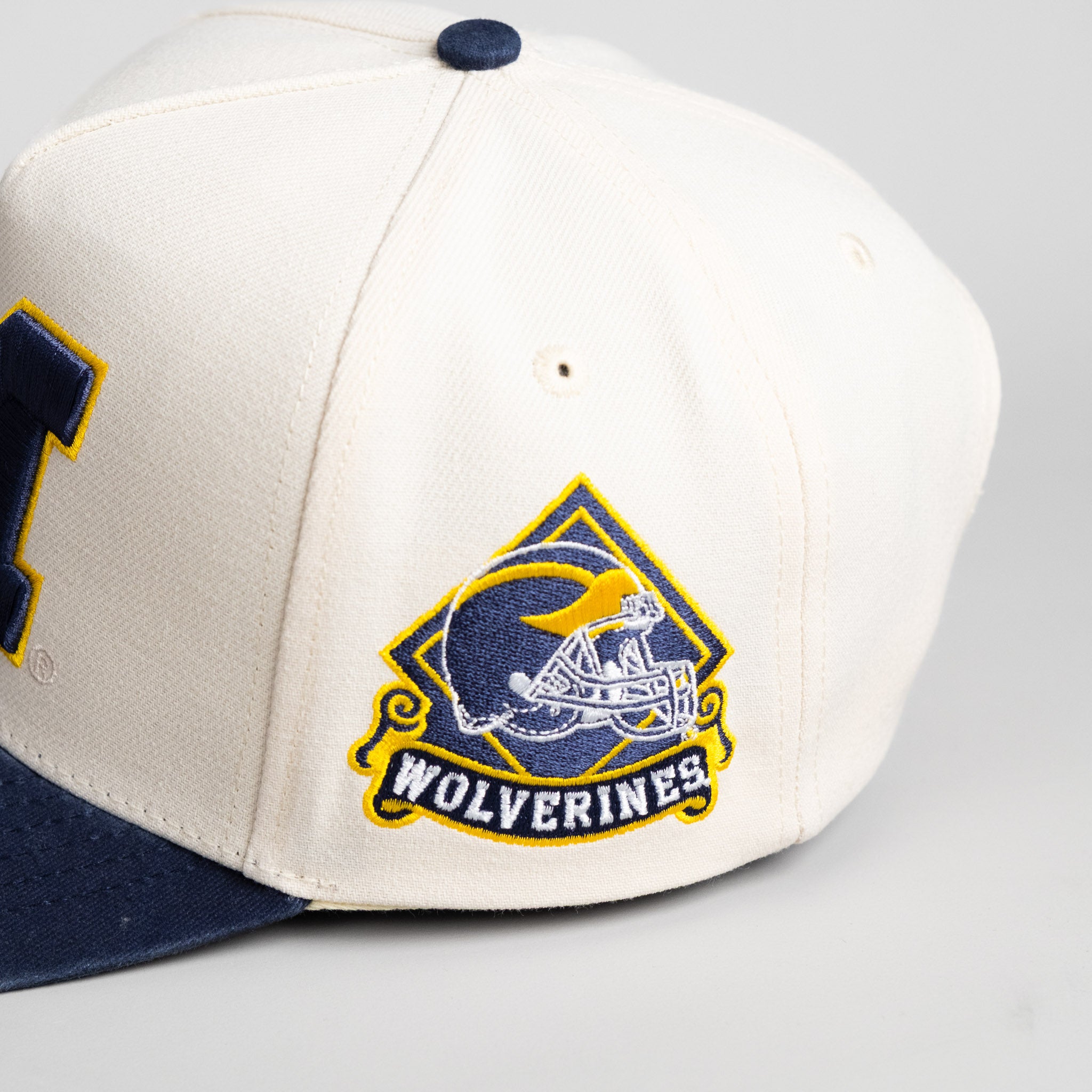 Michigan Wolverines Hat Cream & Navy Sun Fade Snapback - Side Patch Detail