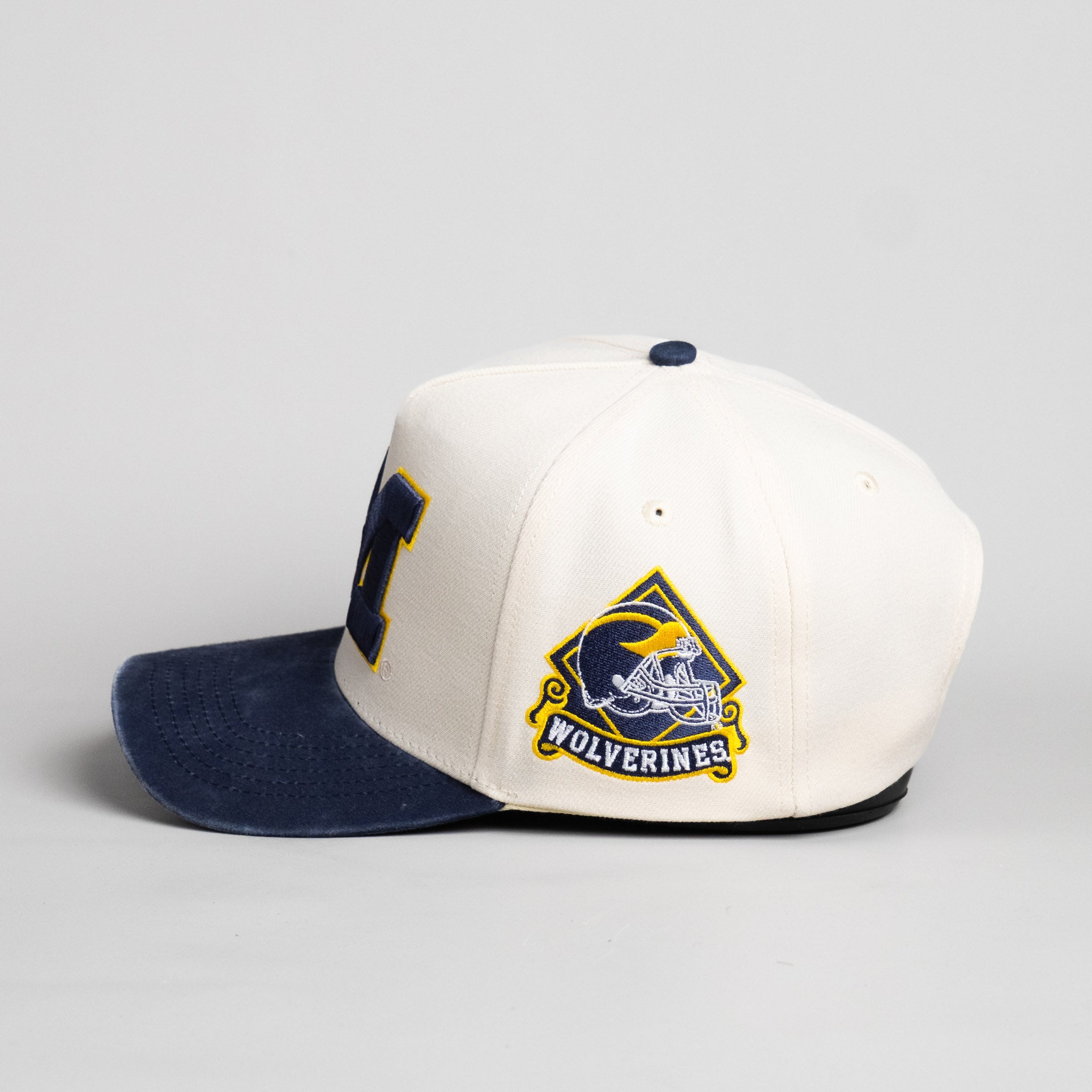 Michigan Wolverines Hat Cream & Navy Sun Fade Snapback - Side Patch