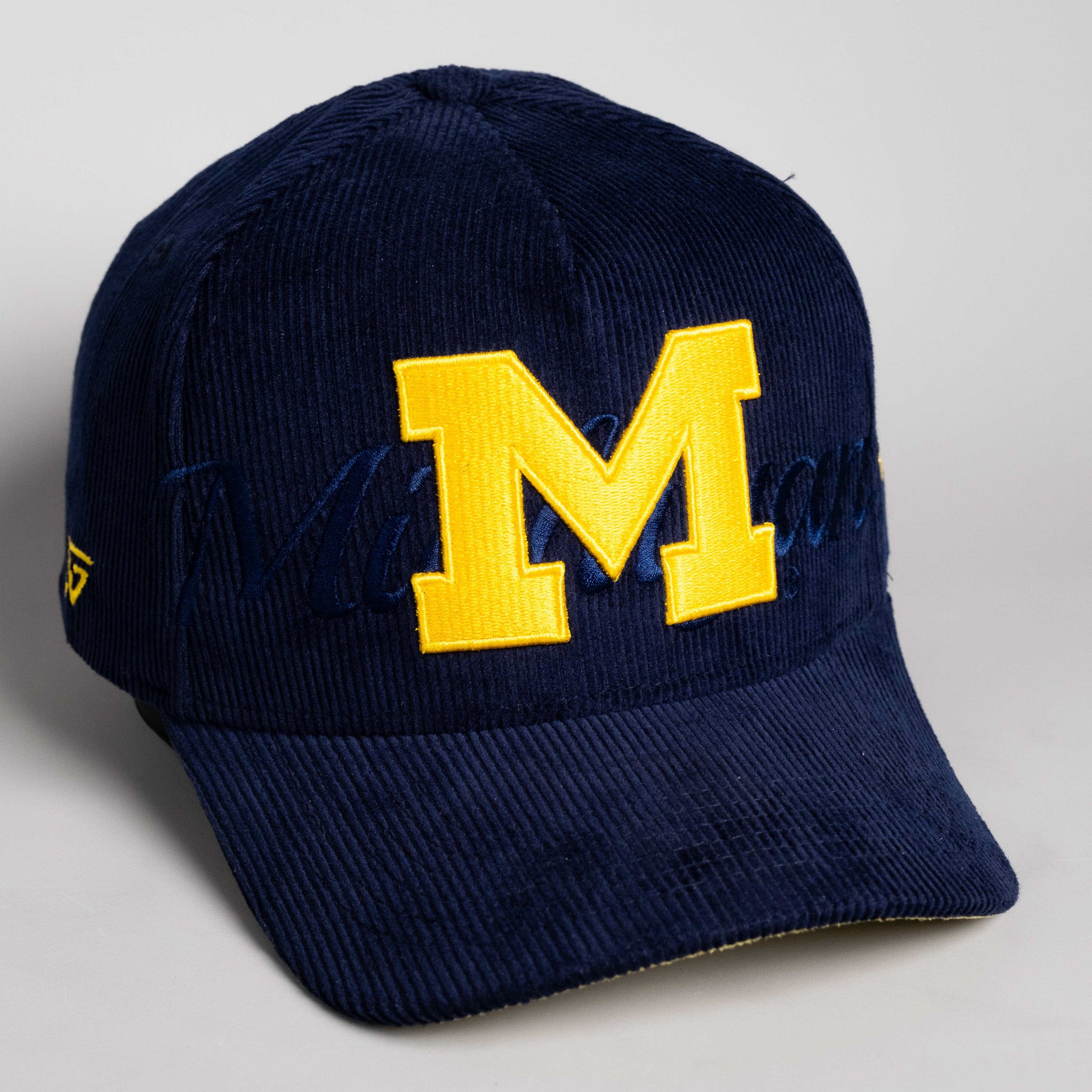 Michigan Wolverines Hat Navy Corduroy Stacked Script Snapback - Angled View