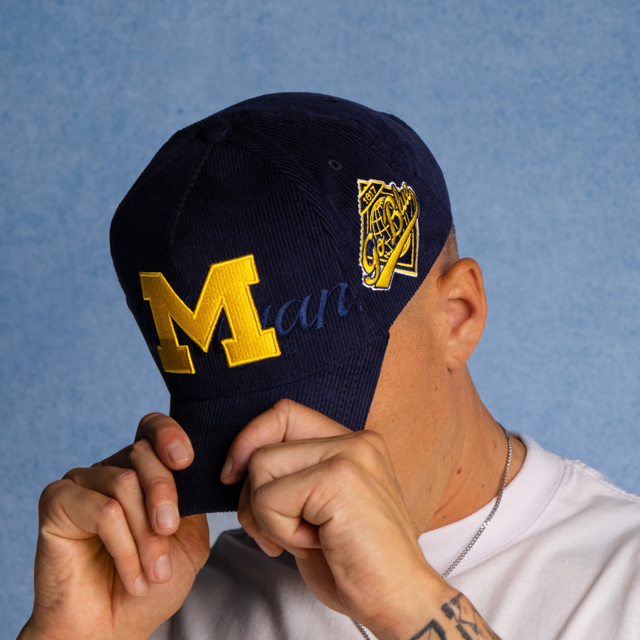 Michigan Wolverines Hat Navy Corduroy Stacked Script Snapback - On Model Lifestyle