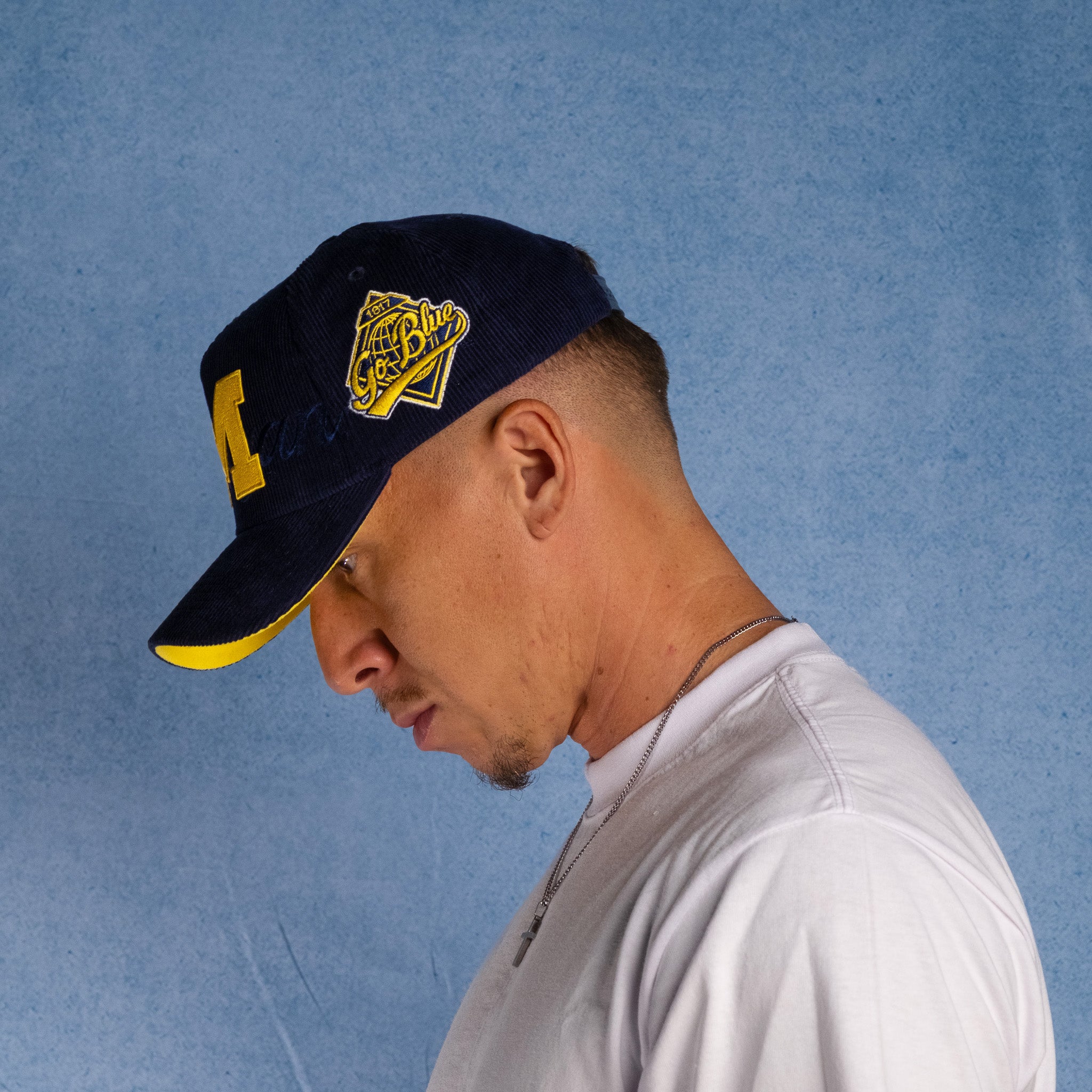 Michigan Wolverines Hat Navy Corduroy Stacked Script Snapback - On Model Lifestyle
