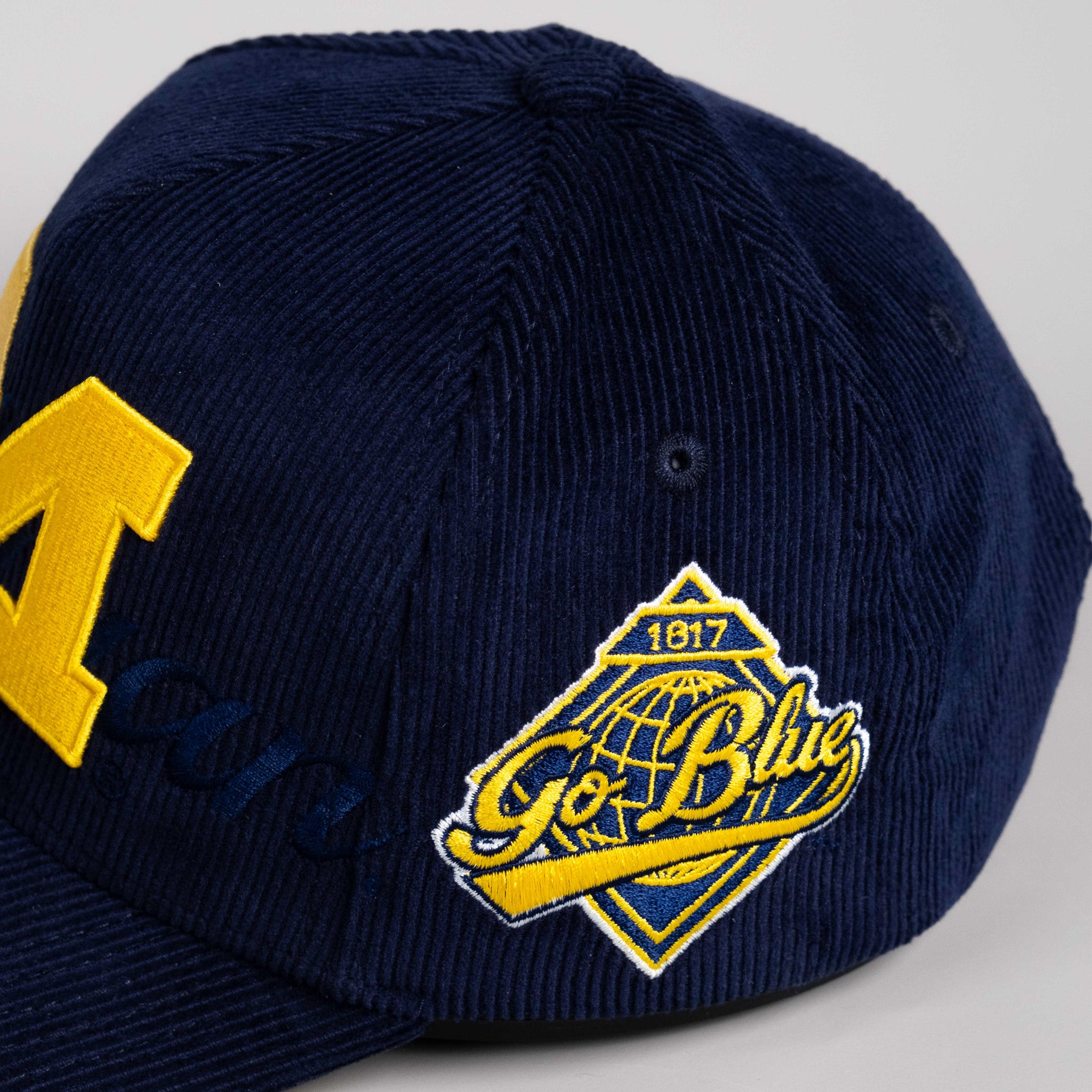 Michigan Wolverines Hat Navy Corduroy Stacked Script Snapback - Side Patch Detail