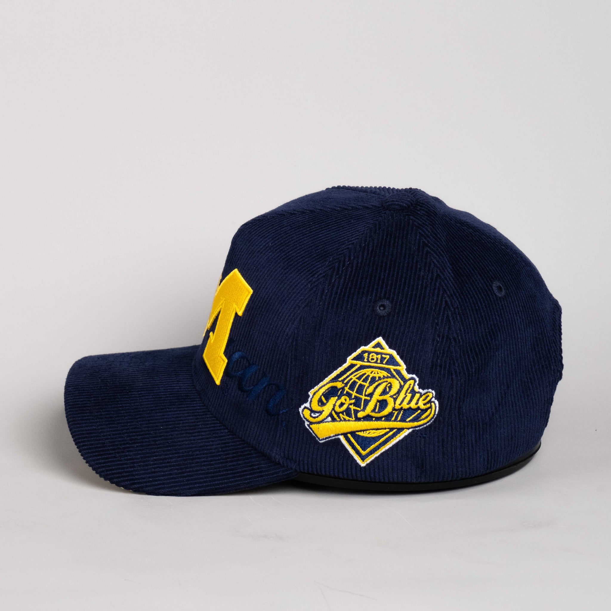 Michigan Wolverines Hat Navy Corduroy Stacked Script Snapback - Side Patch