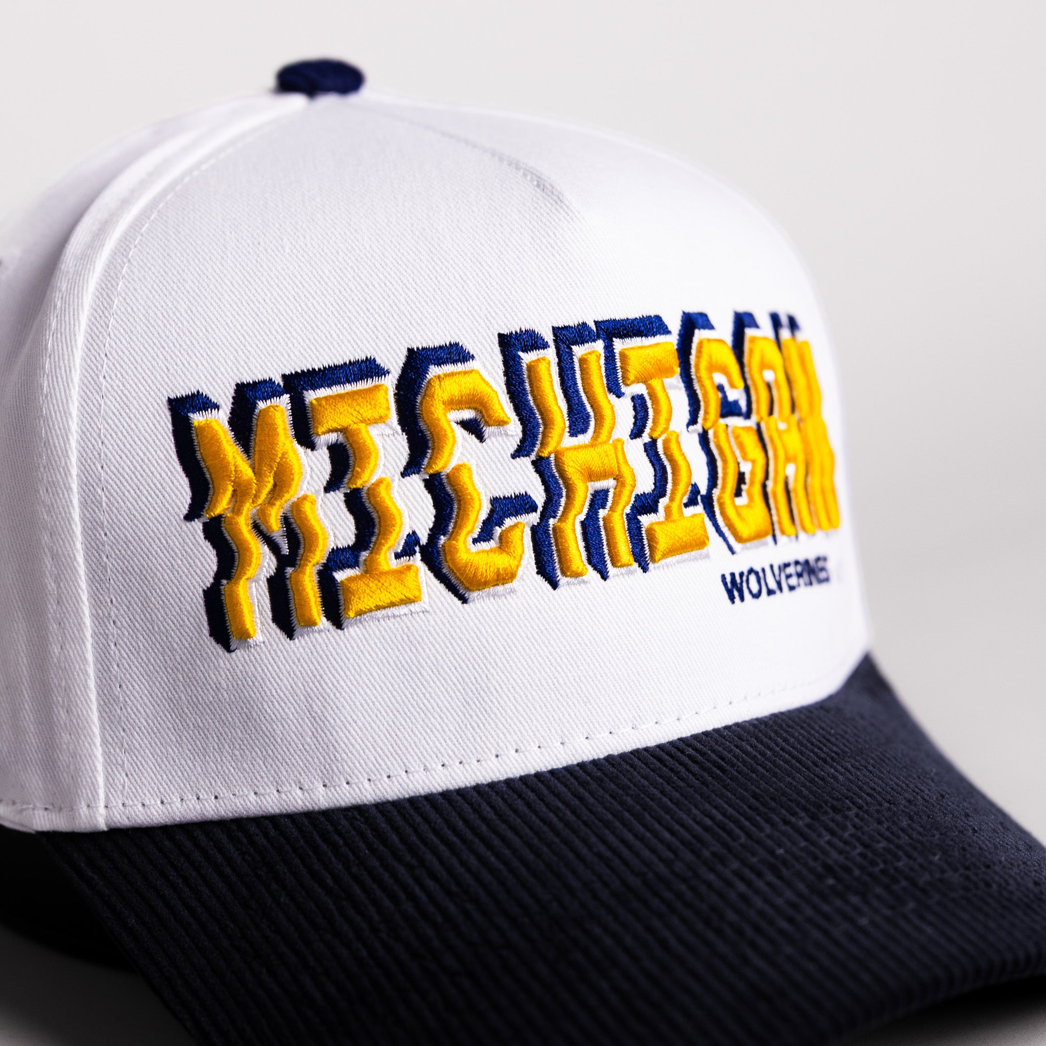 Michigan Wolverines Hat White & Navy Corduroy Stadium Pulse Snapback - Front Detail