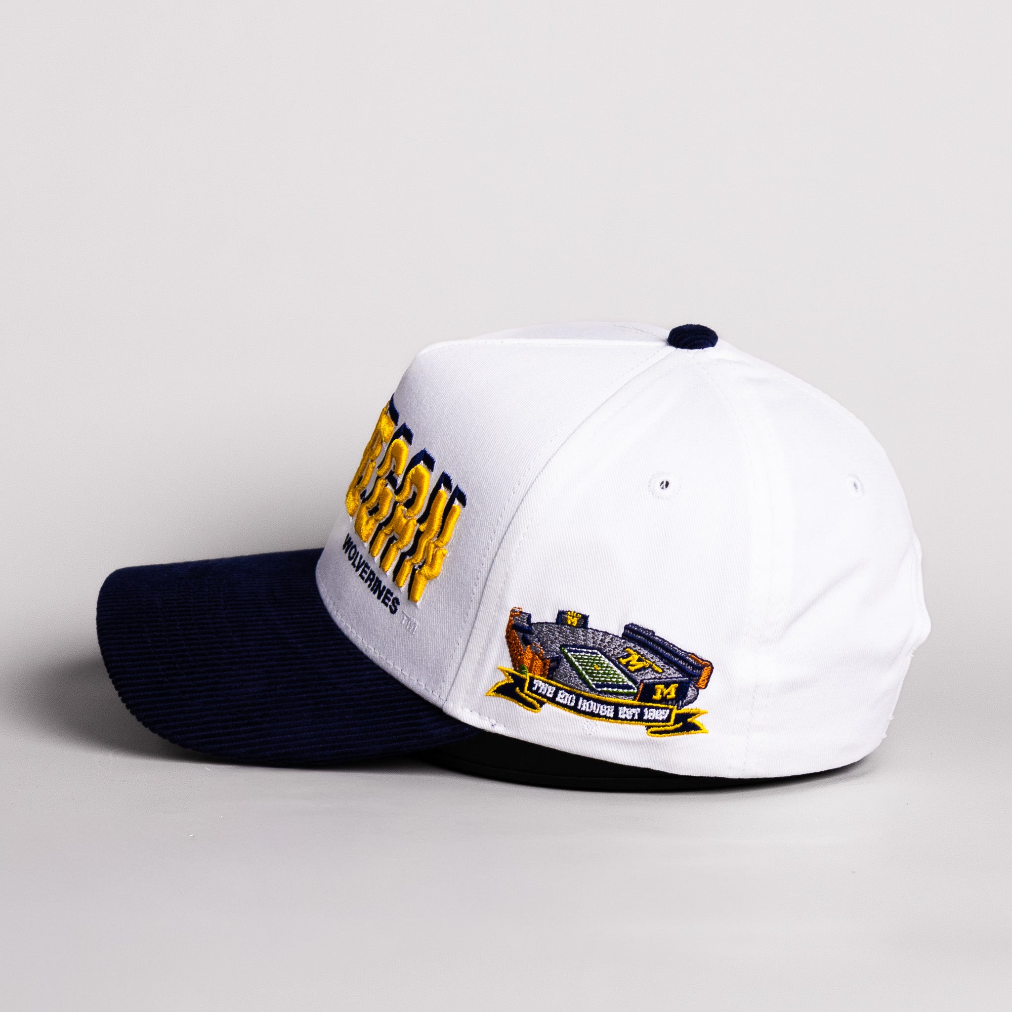Michigan Wolverines Hat White & Navy Corduroy Stadium Pulse Snapback - Side Stadium Patch