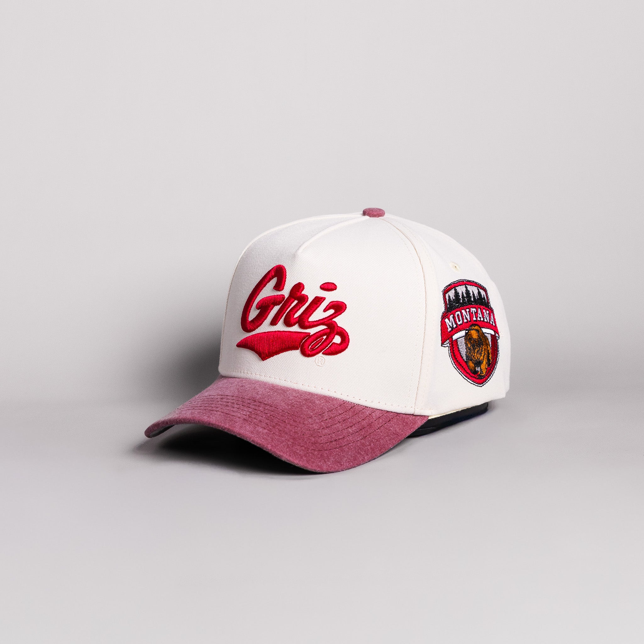 Montana Grizzlies Griz Script Hat Cream Cotton Maroon Suede Brim Shield Patch Snapback - Angled View