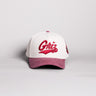 Montana Grizzlies Griz Script Hat Cream Cotton Maroon Suede Brim Shield Patch Snapback - Front Panel