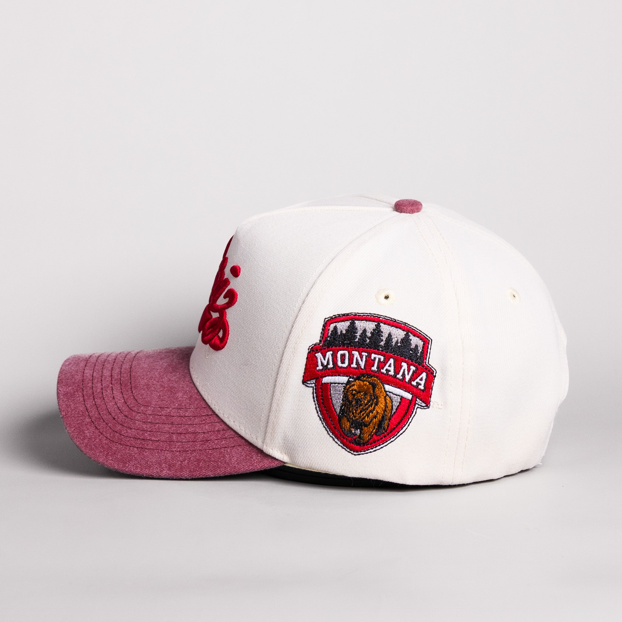 Montana Grizzlies Griz Script Hat Cream Cotton Maroon Suede Brim Shield Patch Snapback - Side Patch