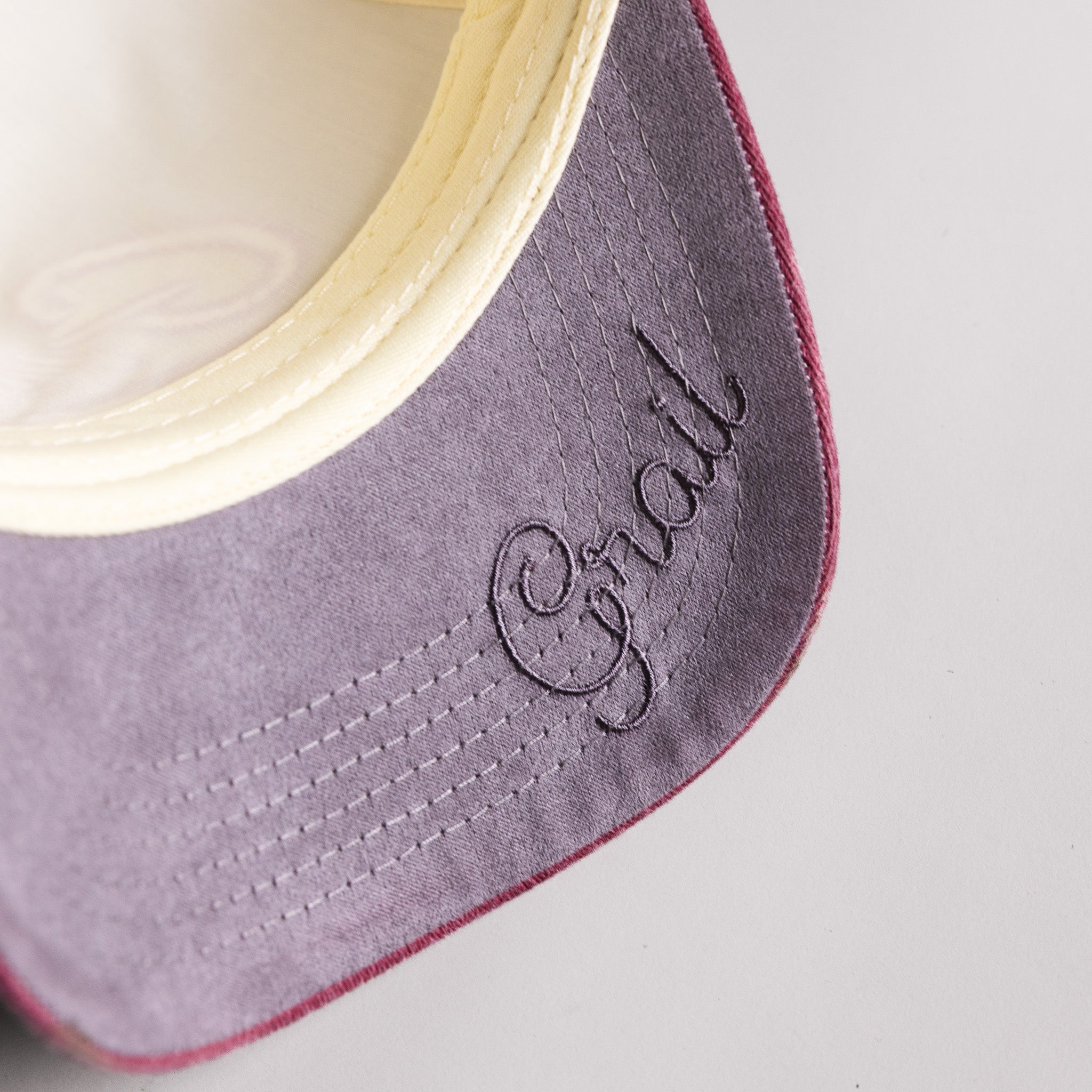 Montana Grizzlies Griz Script Hat Cream Cotton Maroon Suede Brim Shield Patch Snapback - Suede Underbrim Detail