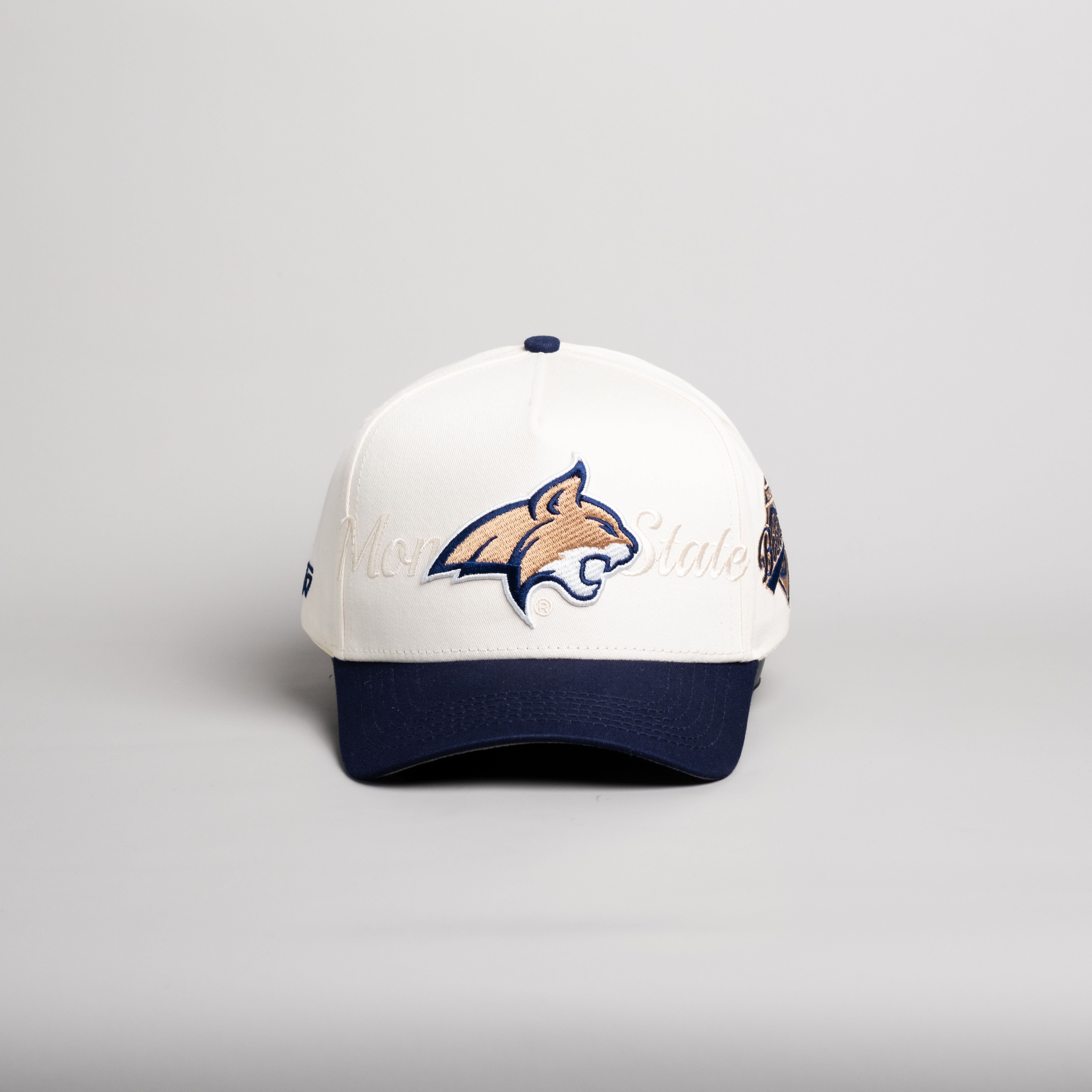 Montana State Bobcats Hat Cream & Navy Blue Script Snapback - Front Panel
