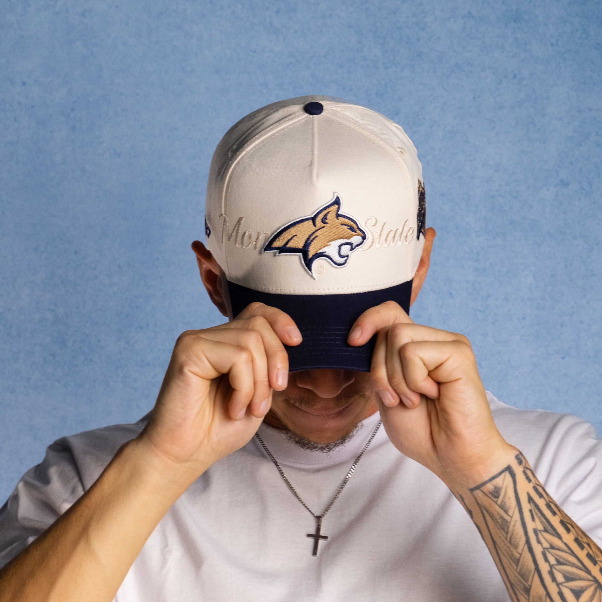 Montana State Bobcats Hat Cream & Navy Blue Script Snapback - On Model Lifestyle