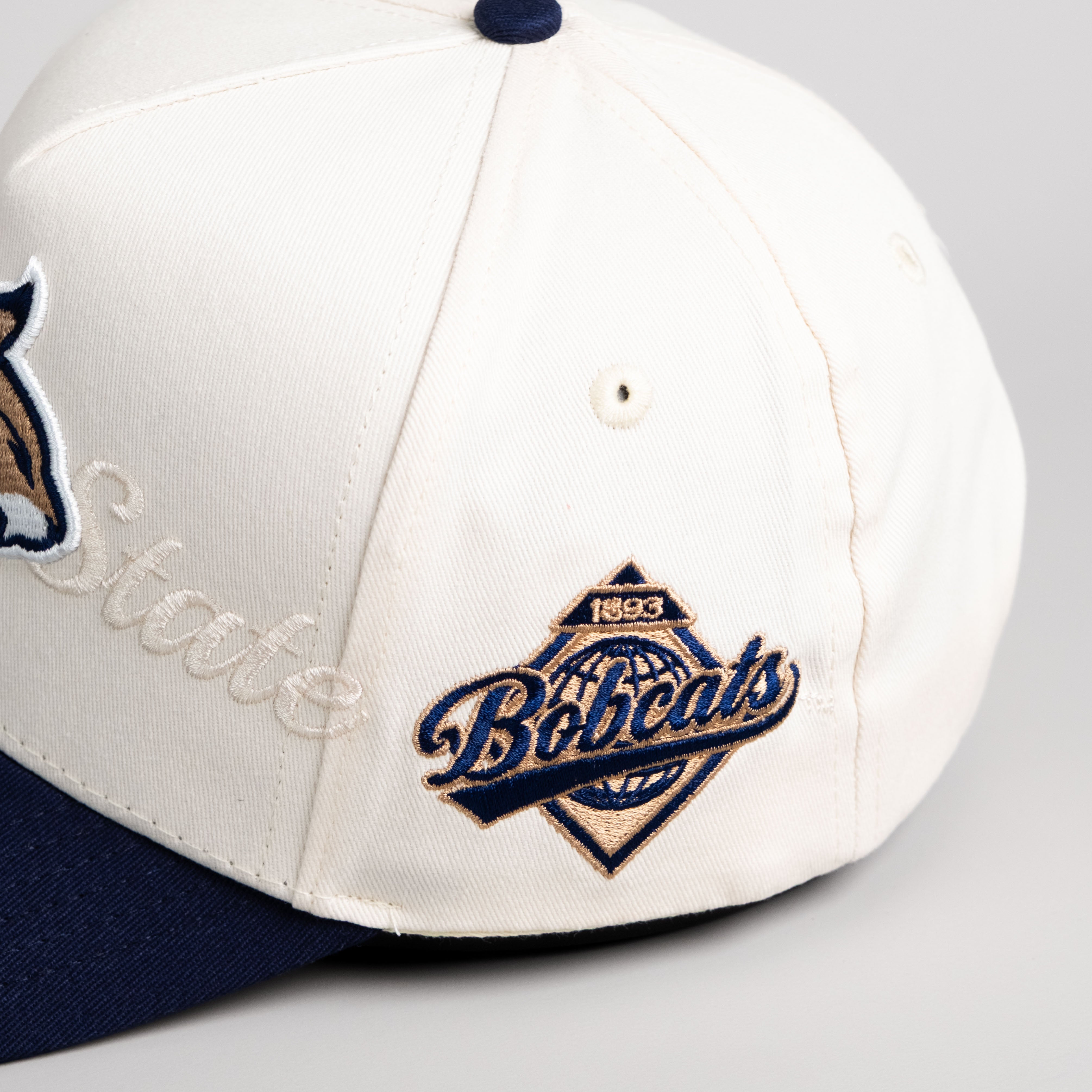 Montana State Bobcats Hat Cream & Navy Blue Script Snapback - Side Patch Detail
